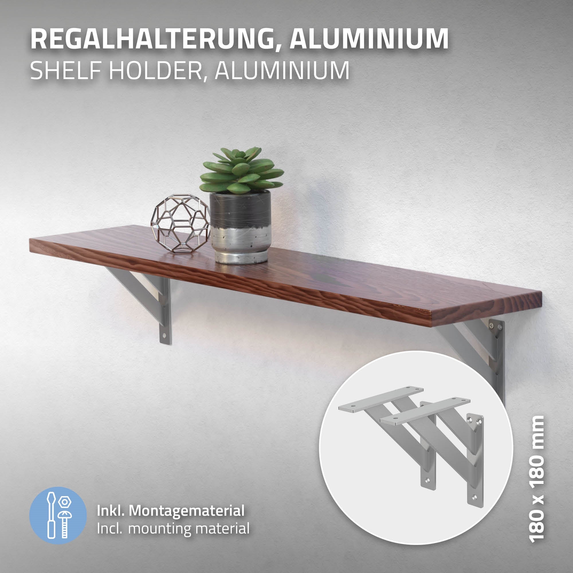 Holzregal mit einer Pflanze und einem geometrischen Dekorationsobjekt.