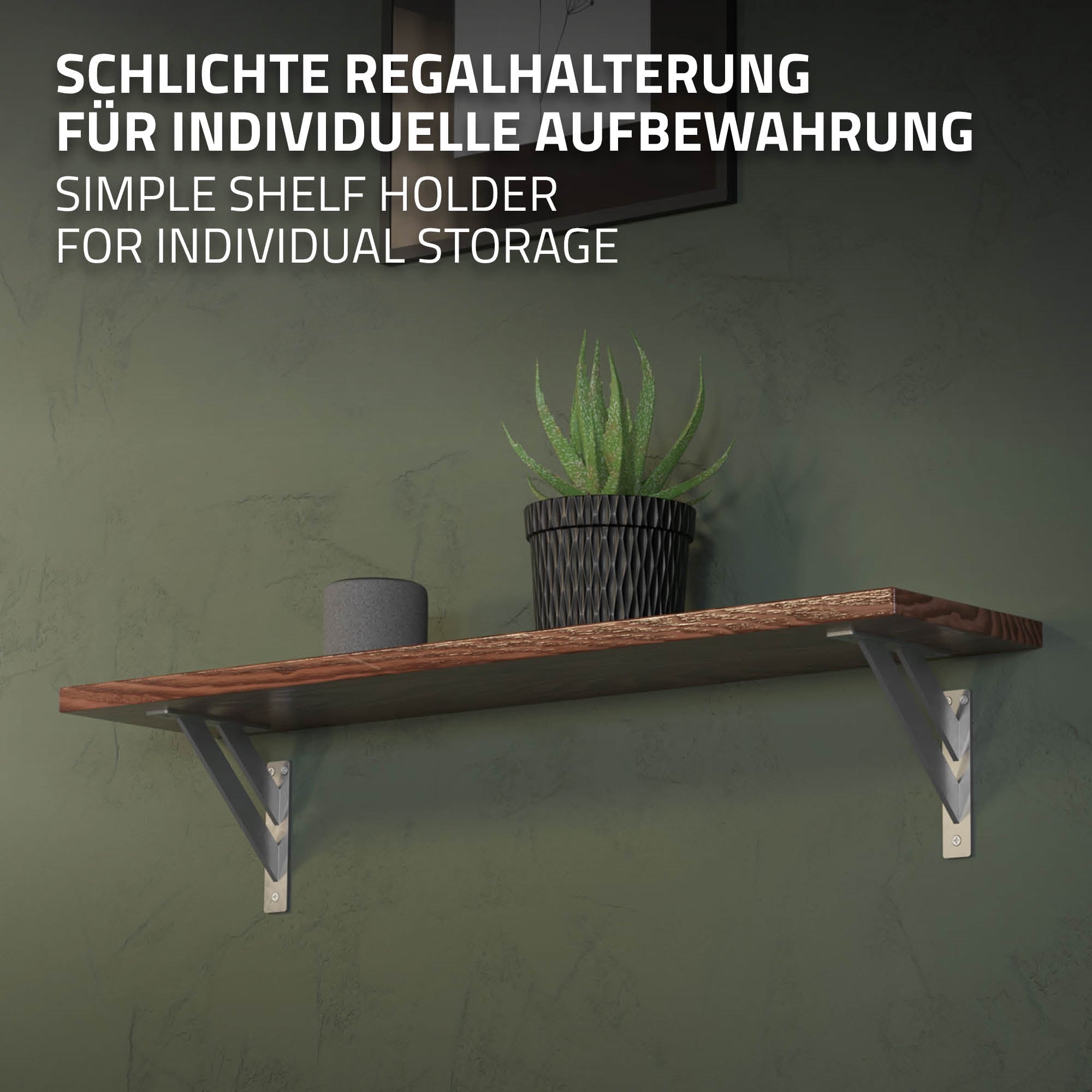 Supporto per scaffale a parete con scaffale in legno e pianta.