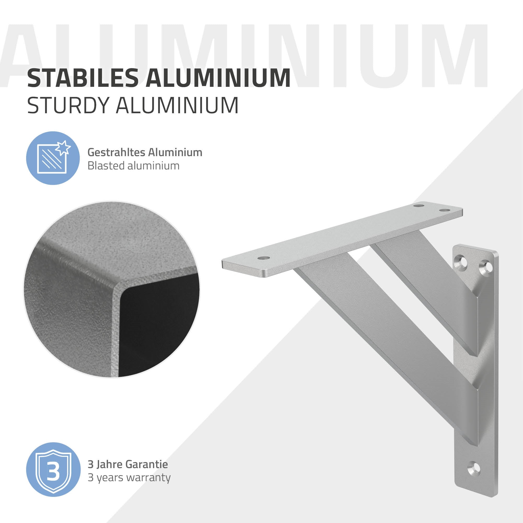 Stabiele aluminiumhouder voor planken, met een detailweergave van het materiaal.