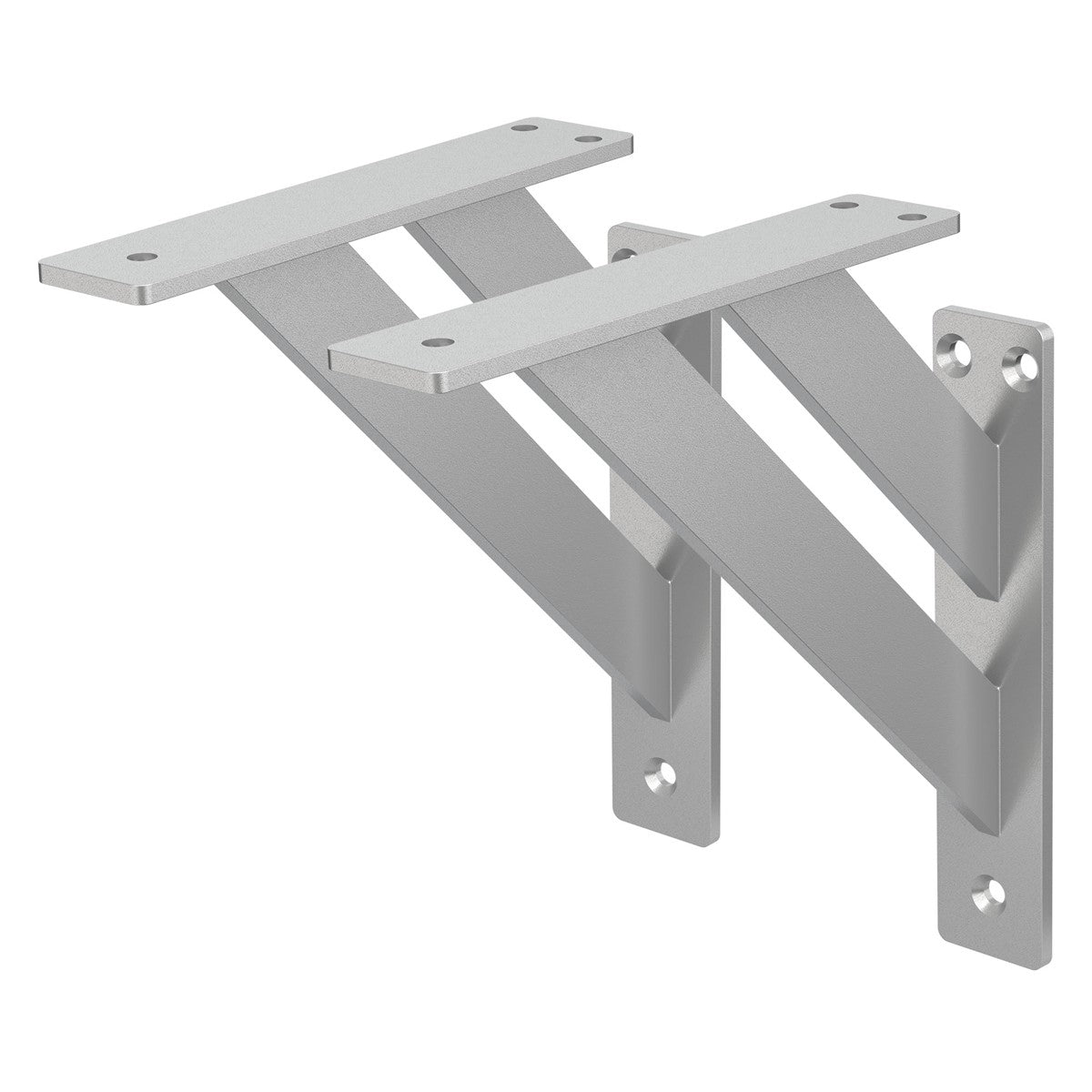 Two silver metal shelf brackets mounted at an angle.
