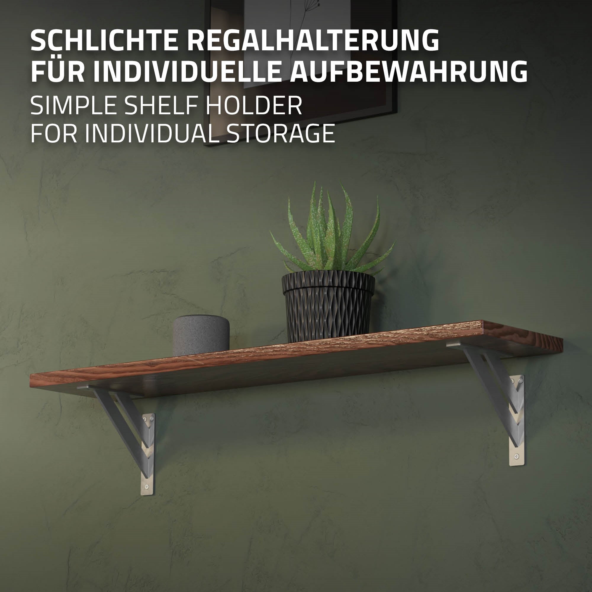Houten plank met planten aan een muur, eenvoudige plankhouder.
