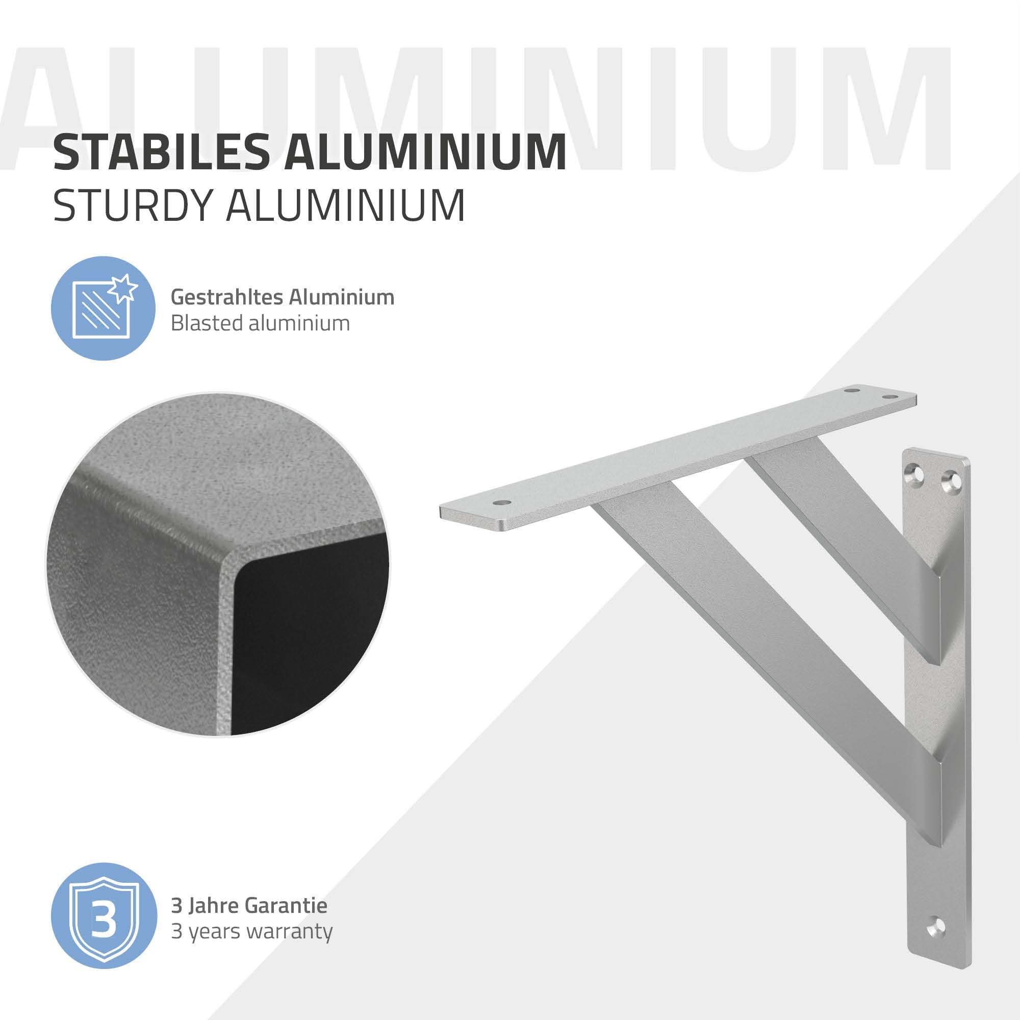 Eine stabile Aluminiumhalterung mit technischen Details und Garantieinformationen.