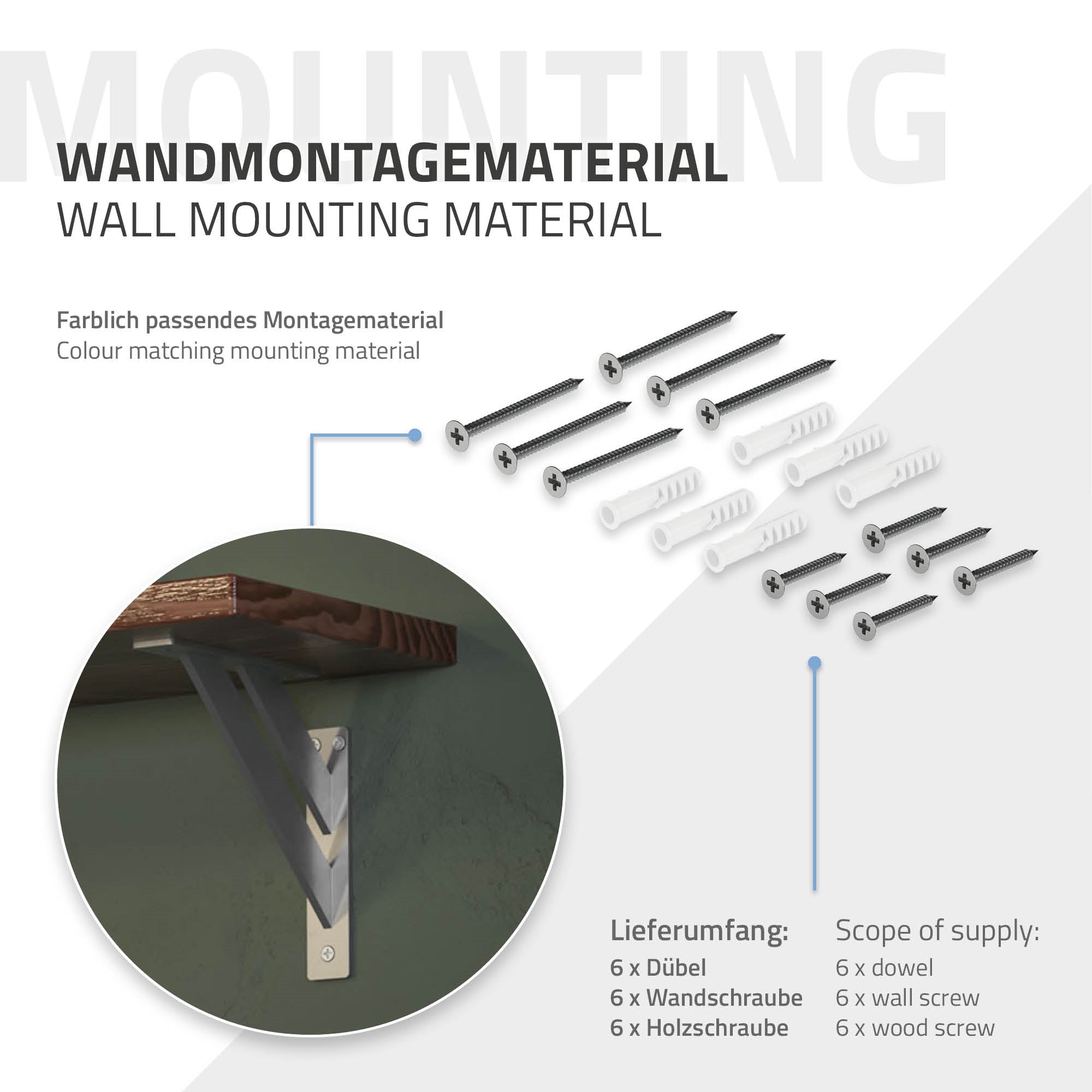 Wandmontagemateriaal met plug en schroeven, op een lichte achtergrond.