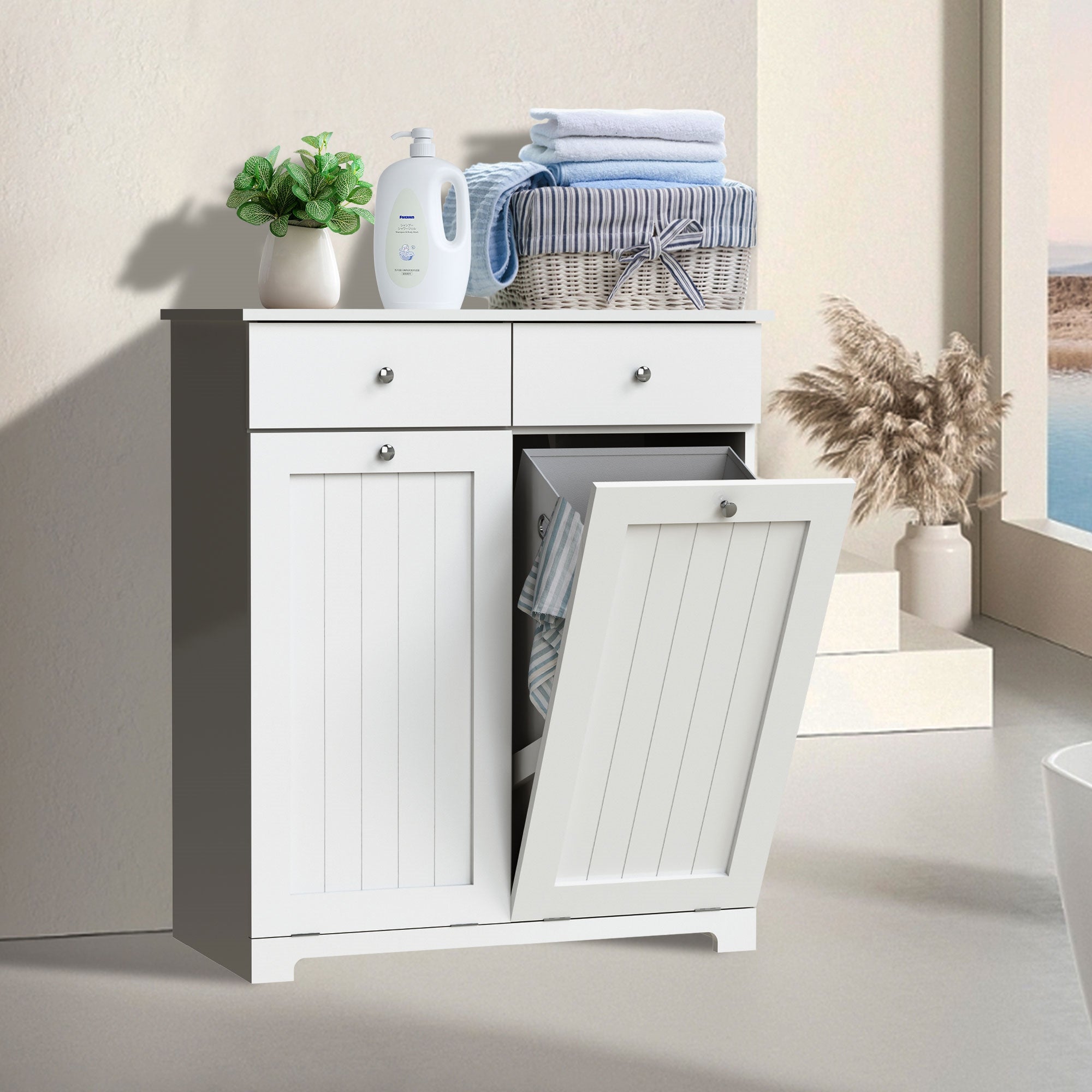White cabinet with two doors and two drawers, one door is open.