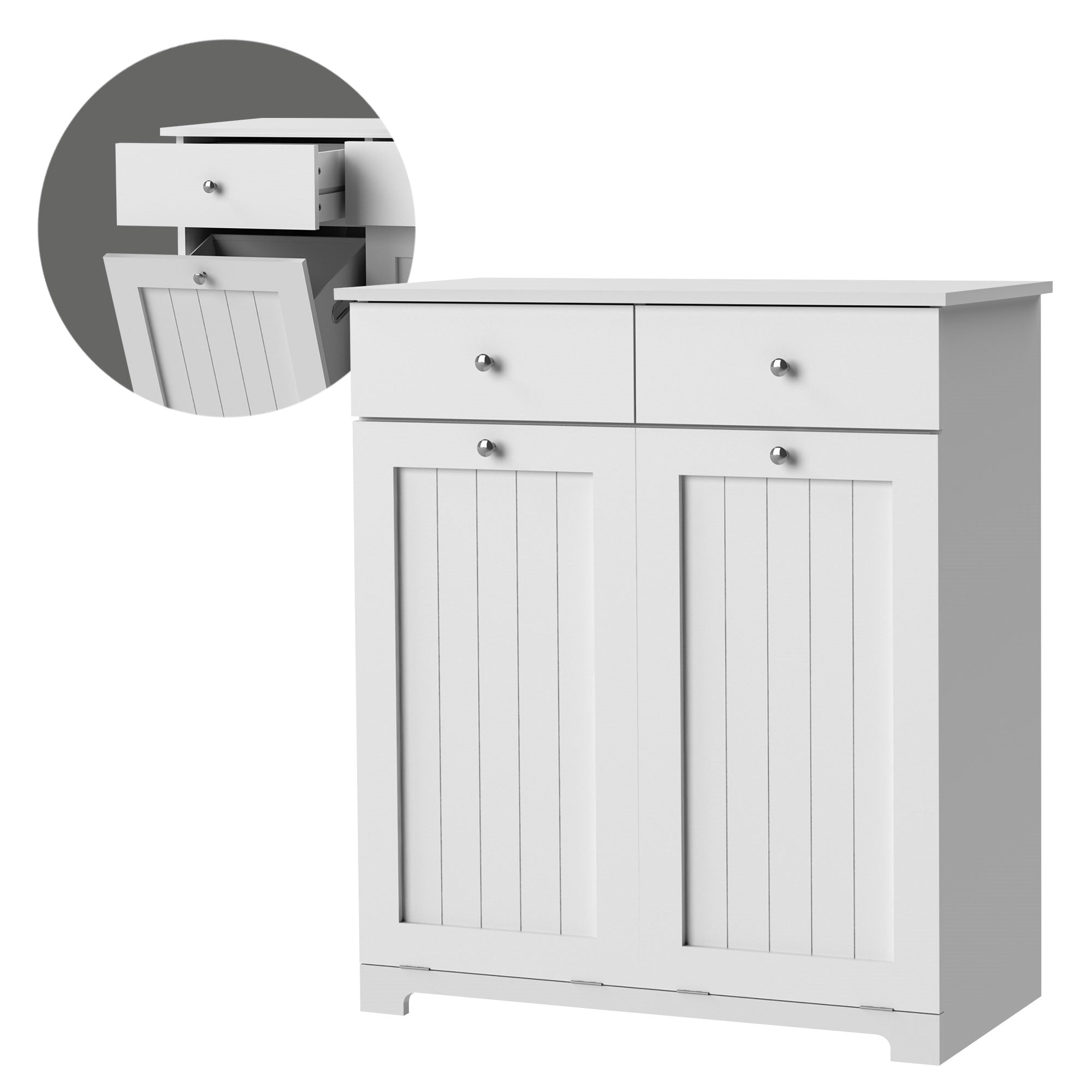 White cabinet with two drawers and a flap that is open.