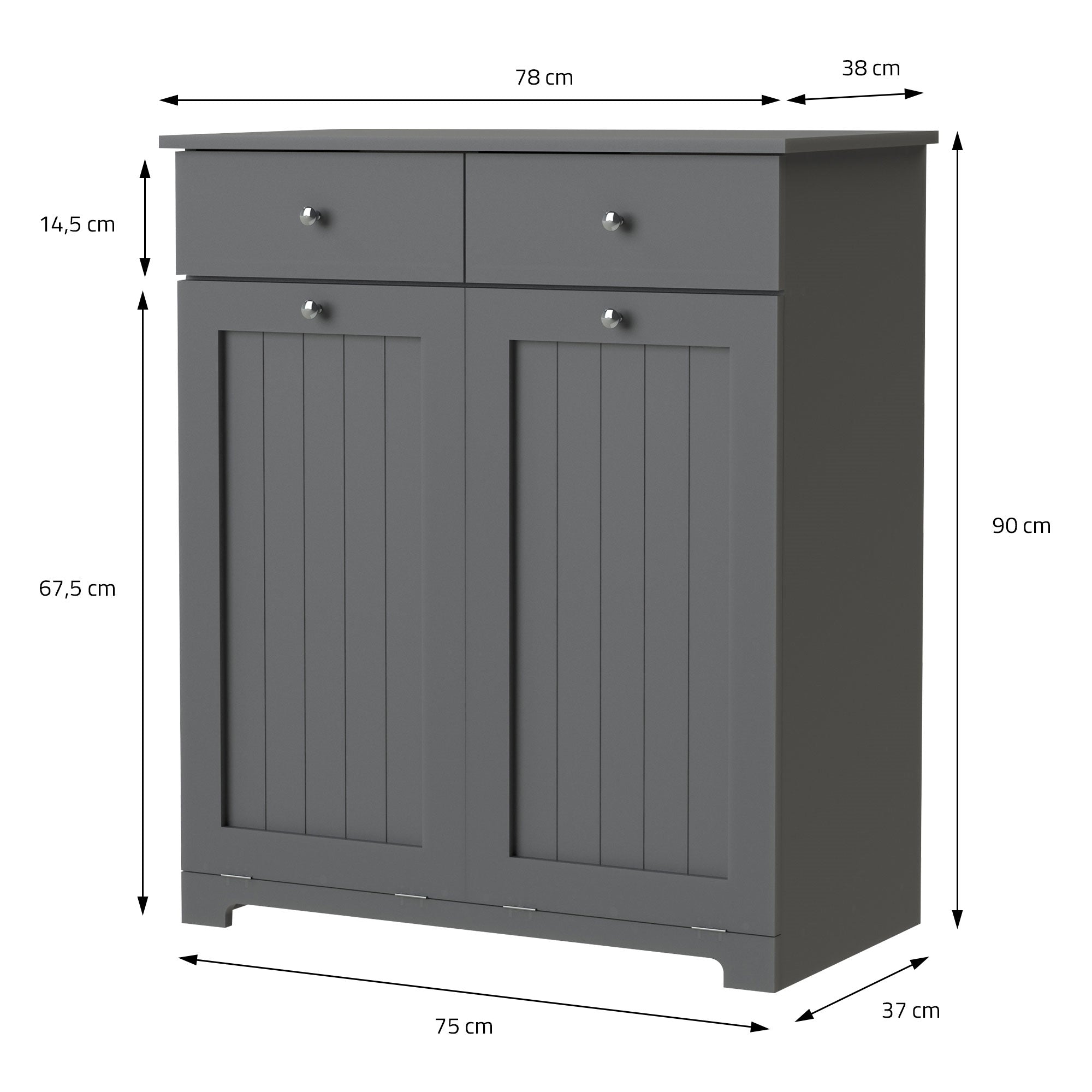 Schrank mit zwei Türen und zwei Schubladen, Maße: 78 cm x 38 cm x 90 cm.