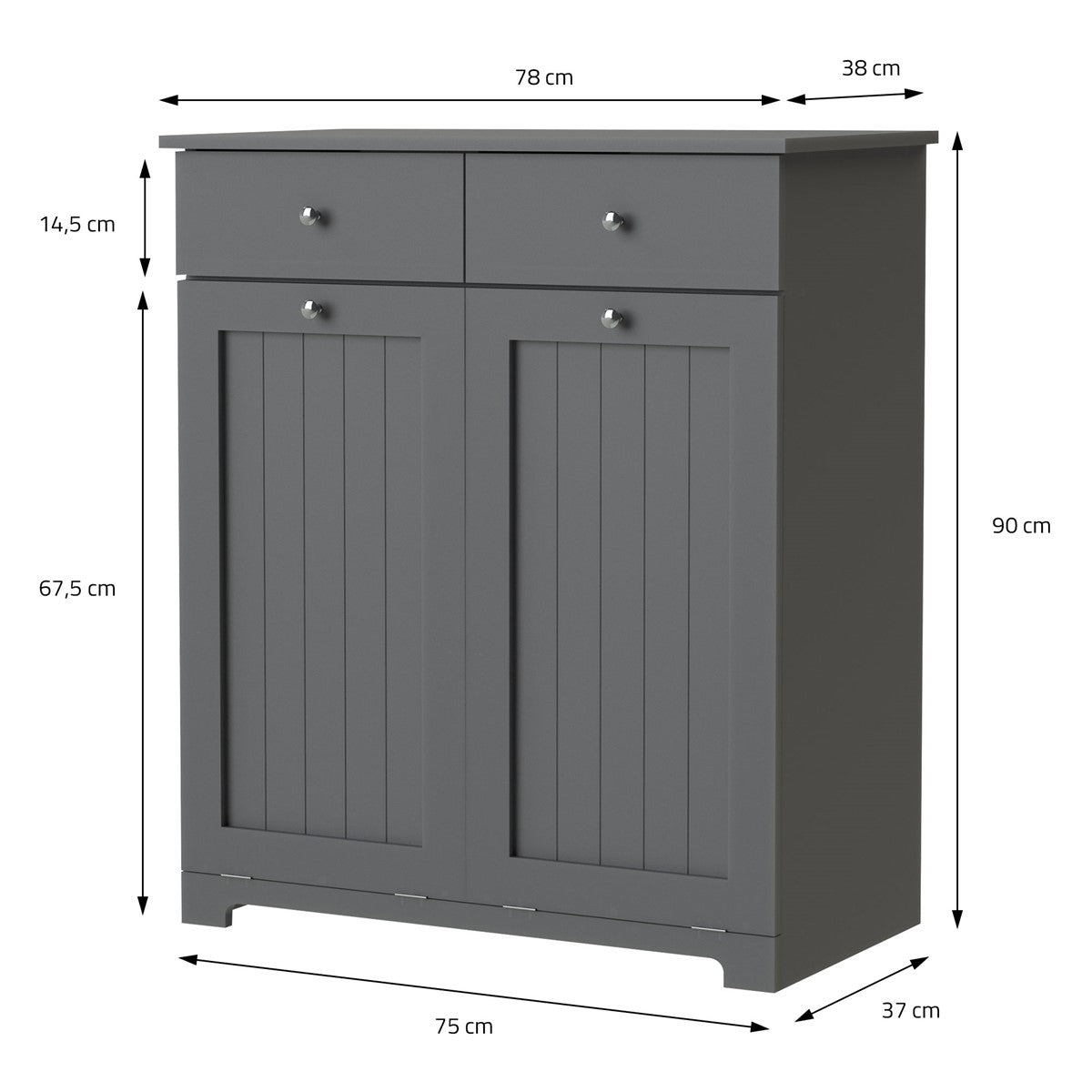 Kast met twee deuren en twee laden, afmetingen: 78 cm x 38 cm x 90 cm.