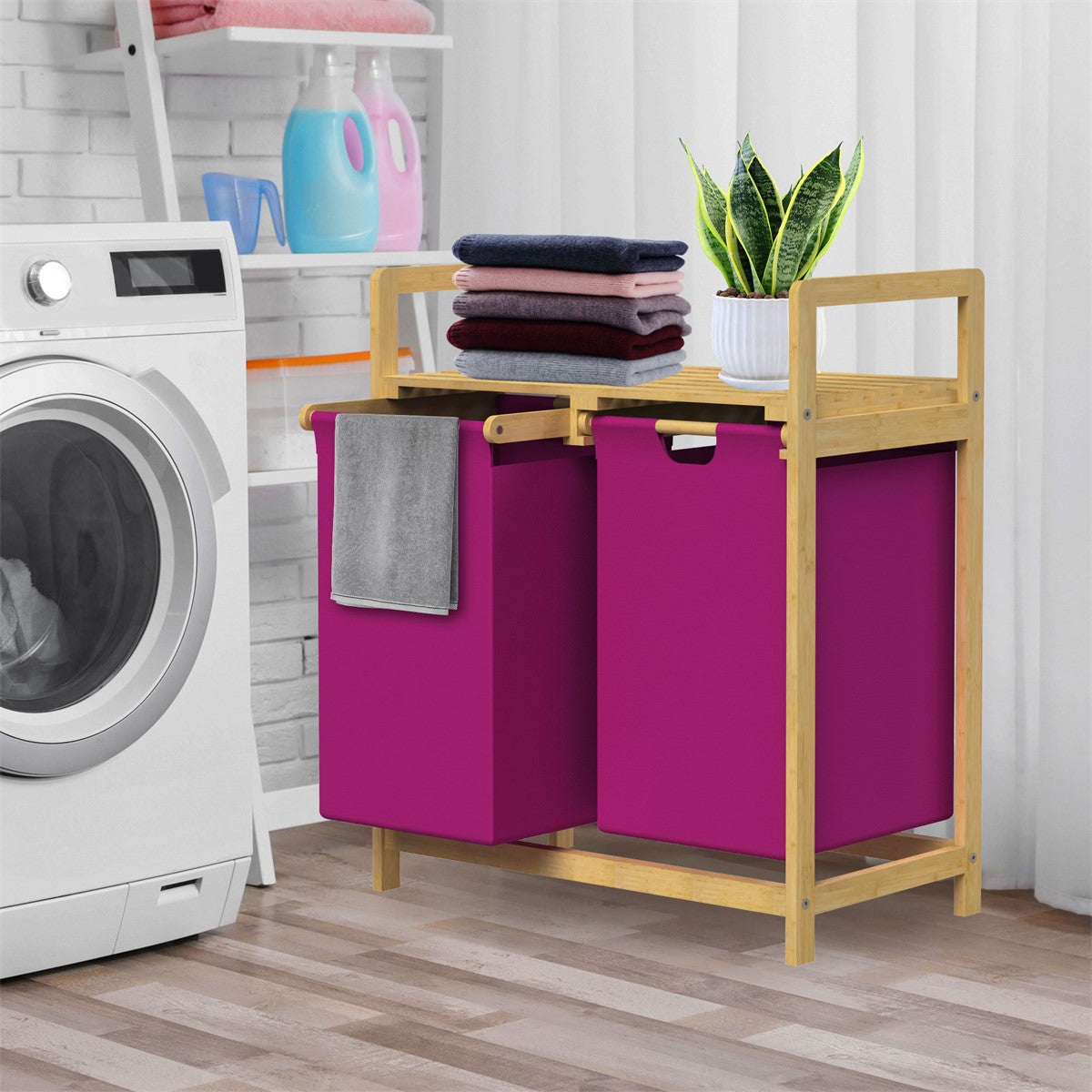 Laundry shelf with two purple laundry baskets and towels next to a washing machine.