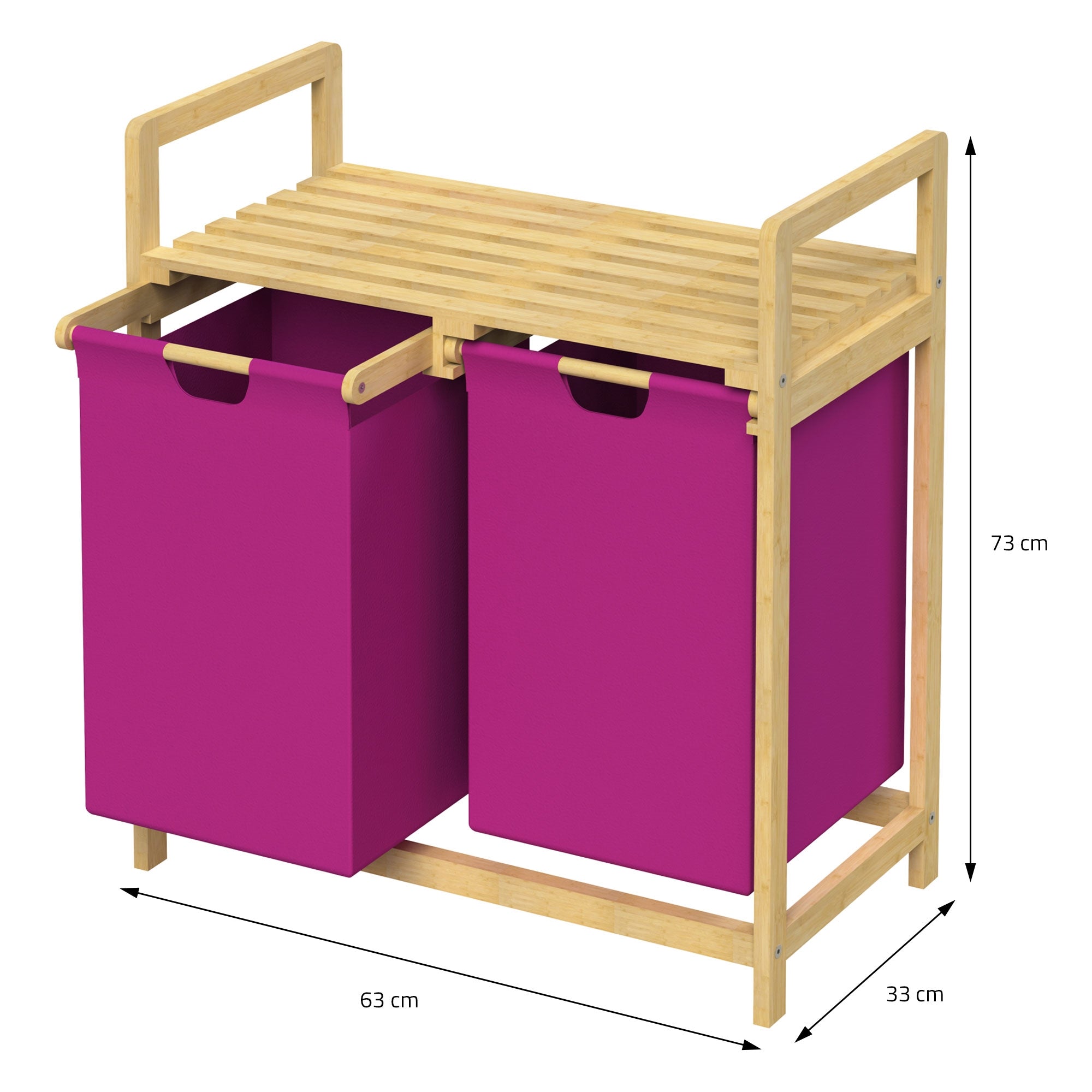 Wasmand met twee paarse containers en houten plank.