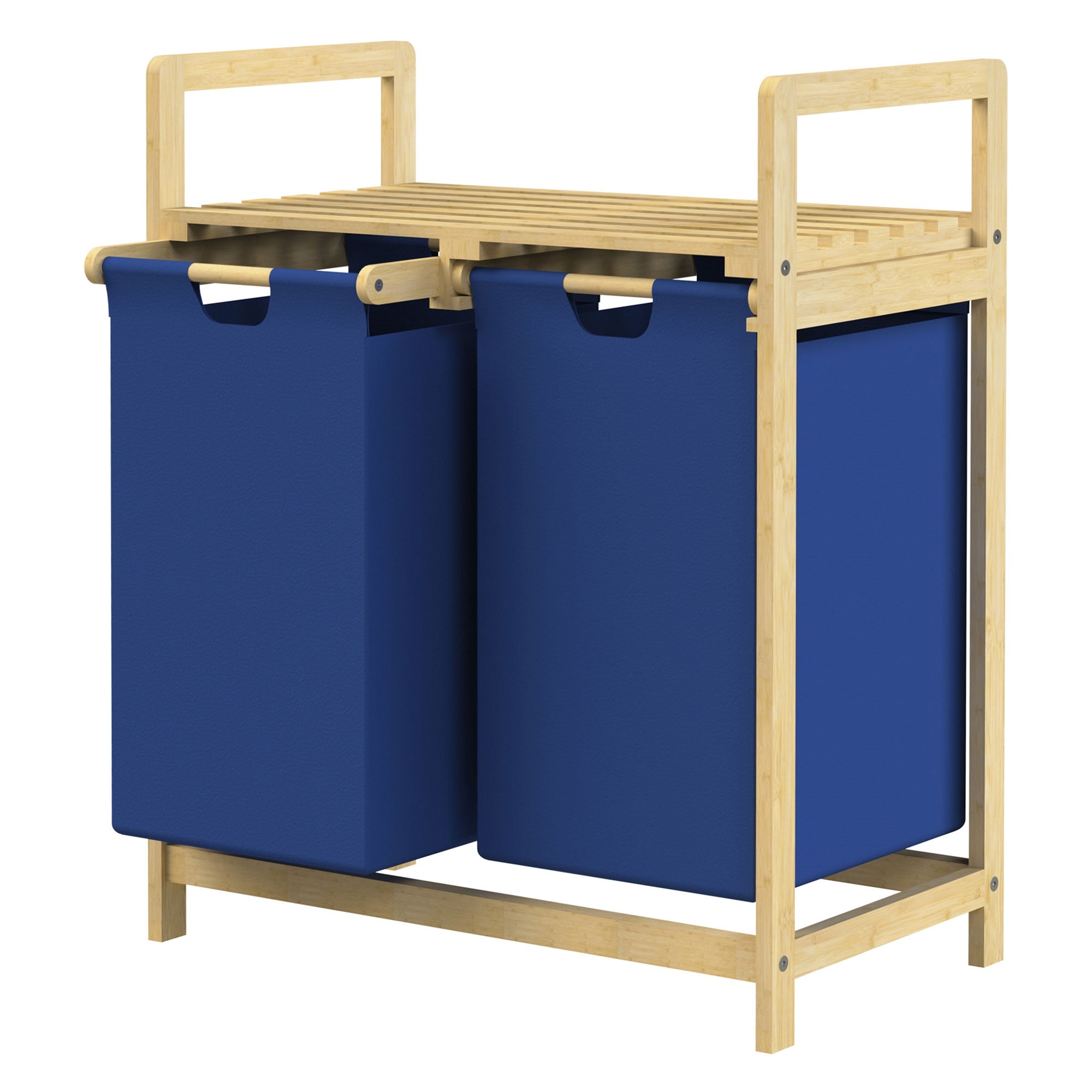 Möbel mit zwei blauen Stoffbehältern auf einem Holzgestell.