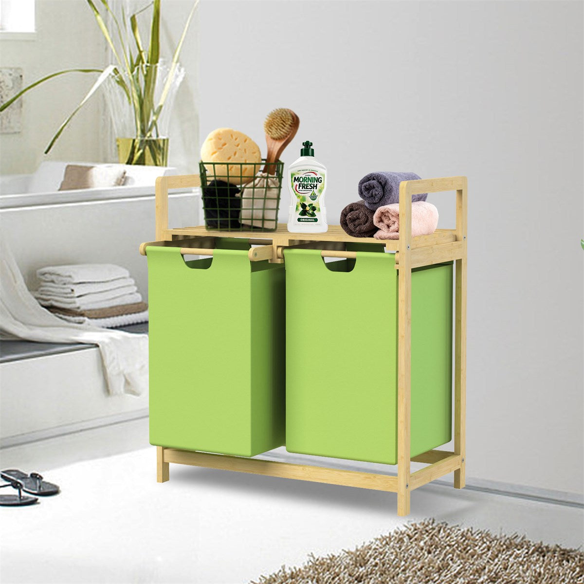 Wooden frame with two green laundry baskets, towels and care products.