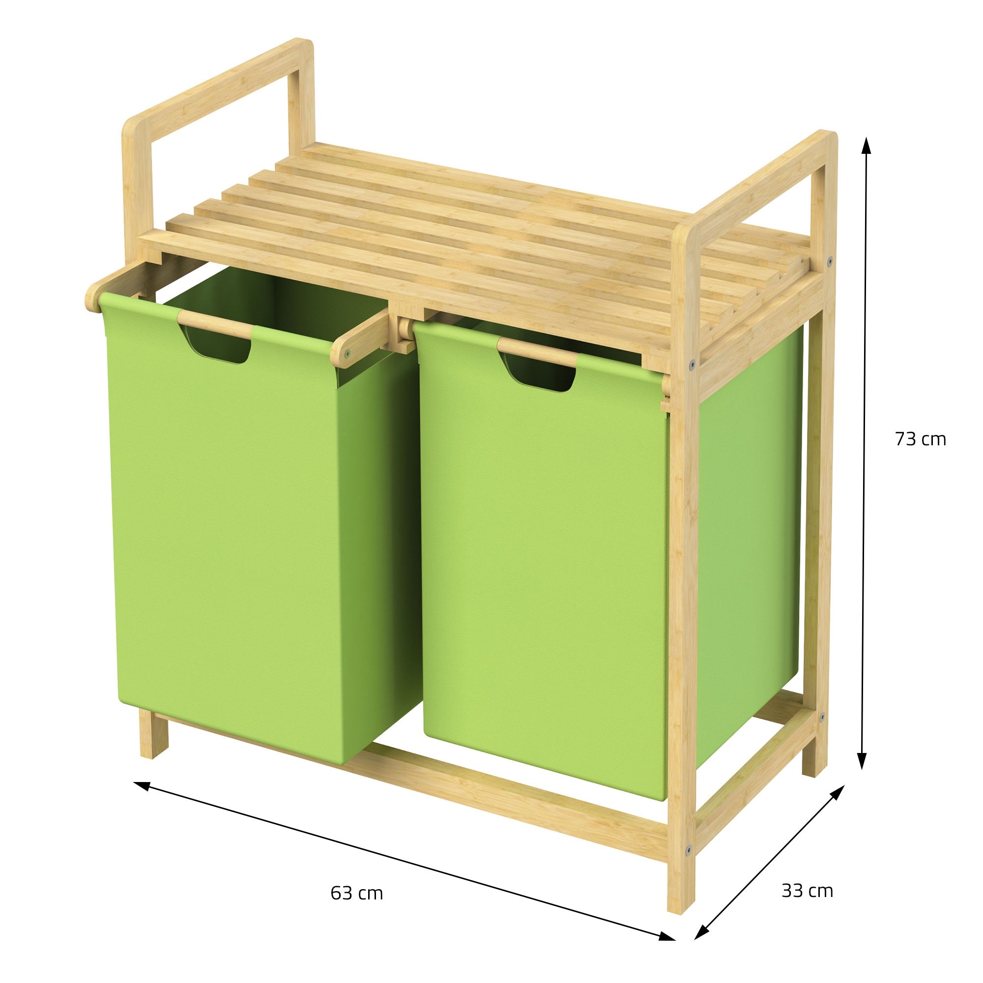 Wäschekorb mit zwei grünen Behältern und Holzregal.