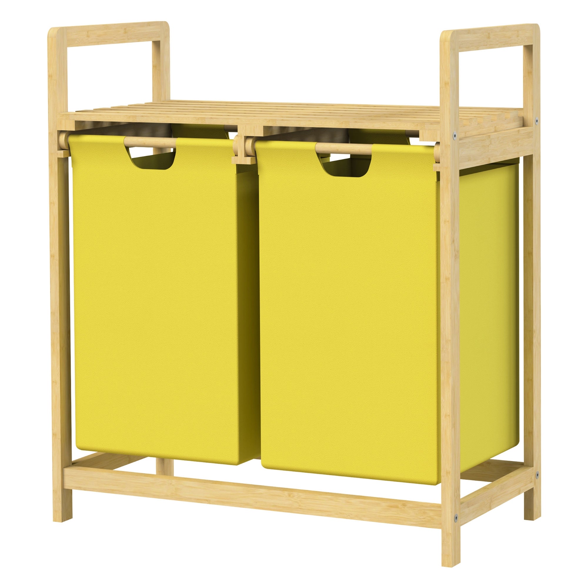 Ein Wäschekorb mit zwei gelben Behältern und einem Holzgestell.