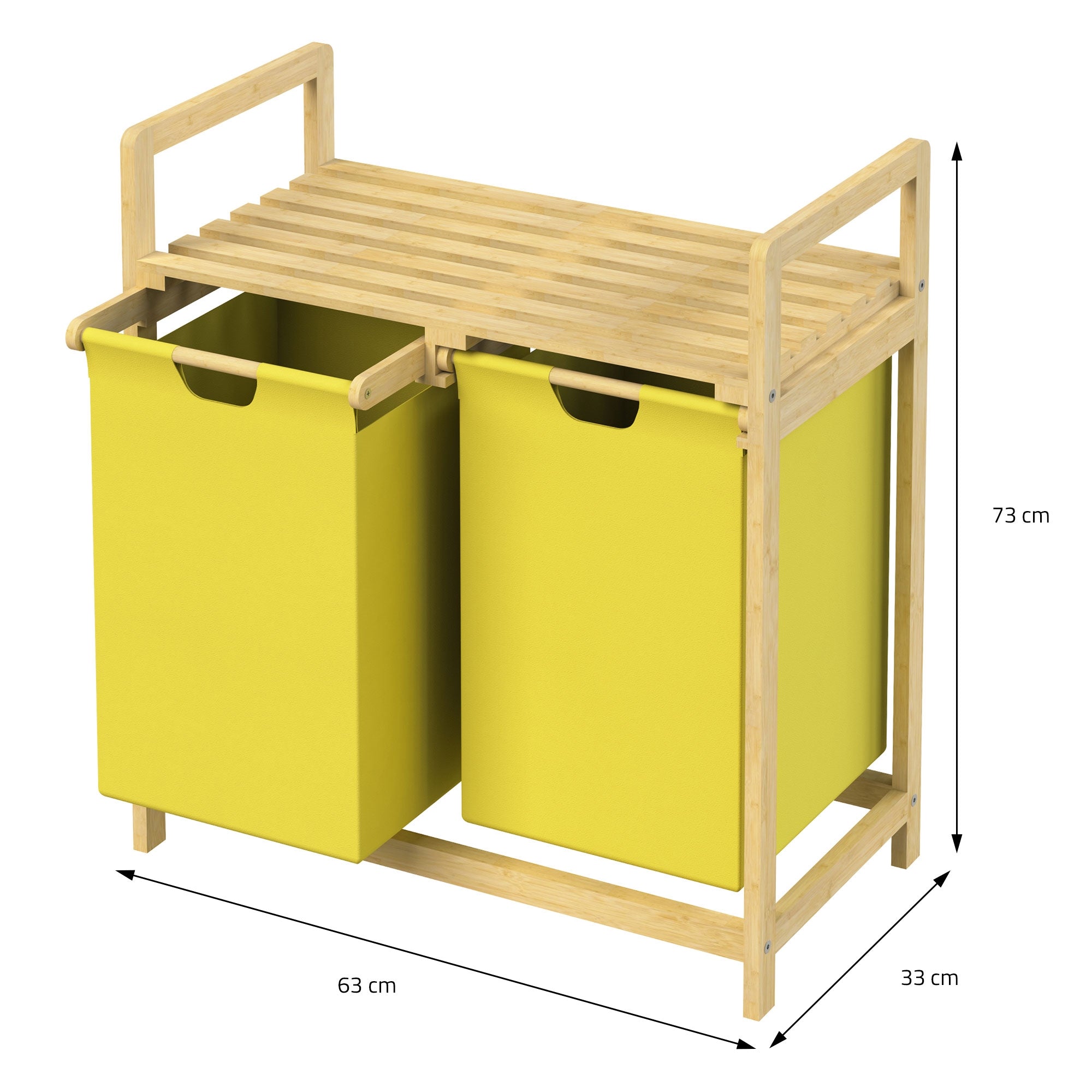 Holzgestell mit zwei gelben Wäschekörben, Maßangaben sind sichtbar.