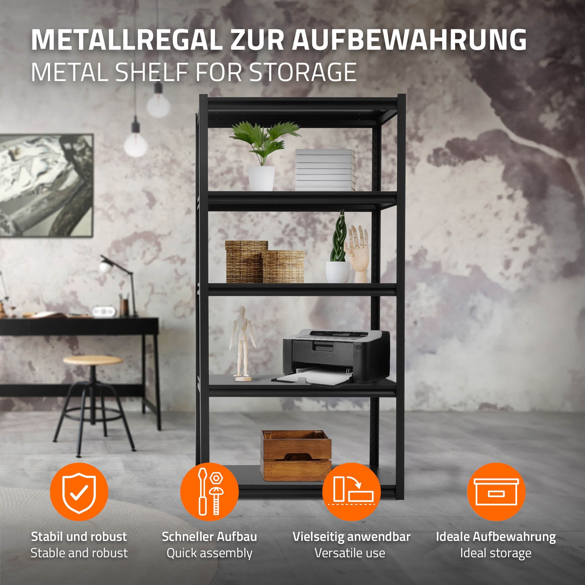 Ein schwarzes Metallregal mit mehreren Ablagen in einem Raum.