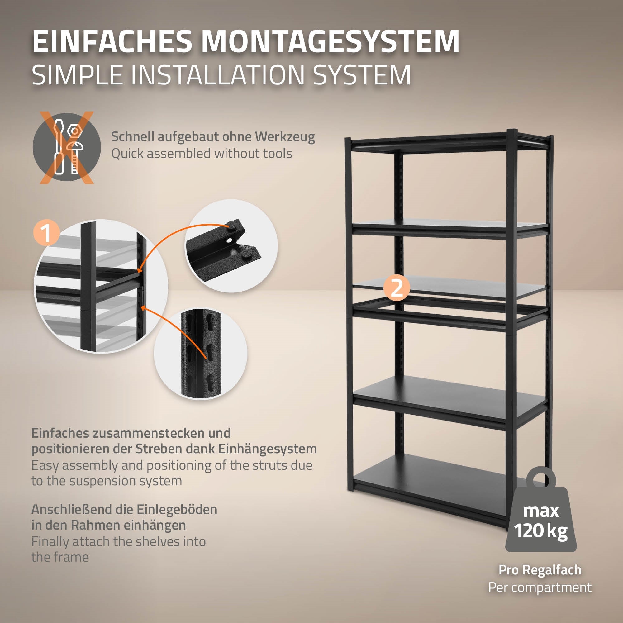Montagesystem mit Anleitung und einem Regal in Schwarz.
