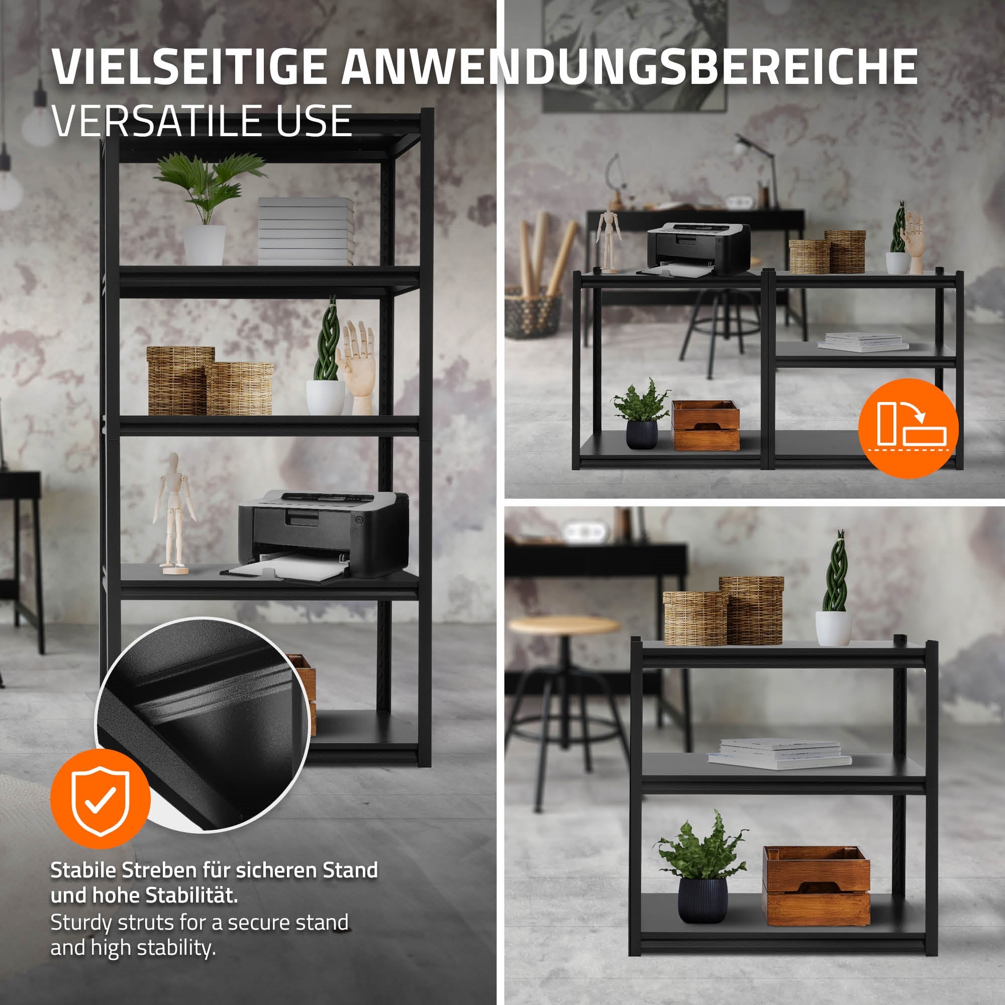 Regal mit mehreren Ablagen, Pflanzen und einem Drucker, in einem modernen Raum.
