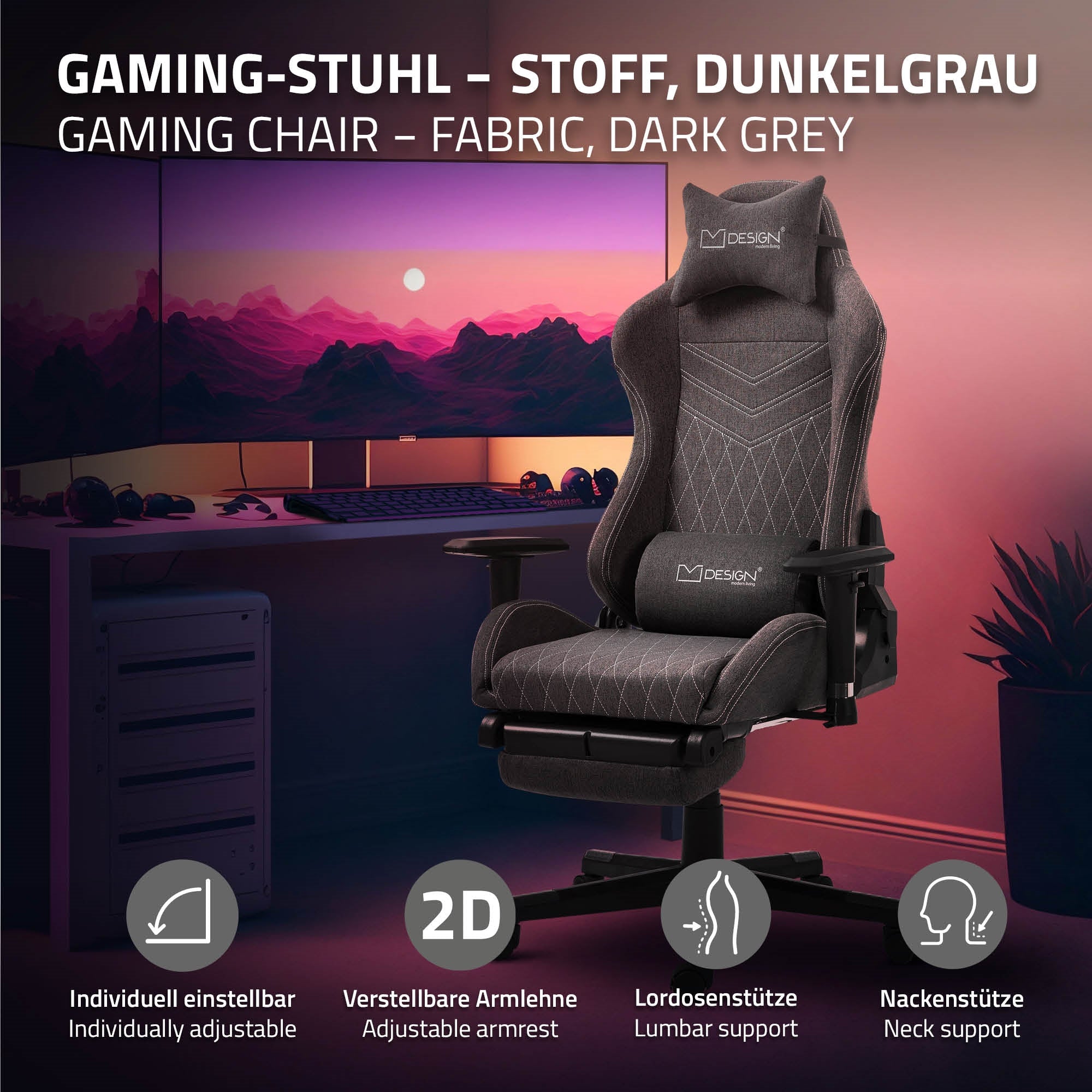 Dunkelgrauer Gaming-Stuhl mit verstellbaren Armlehnen und Nackenstütze.