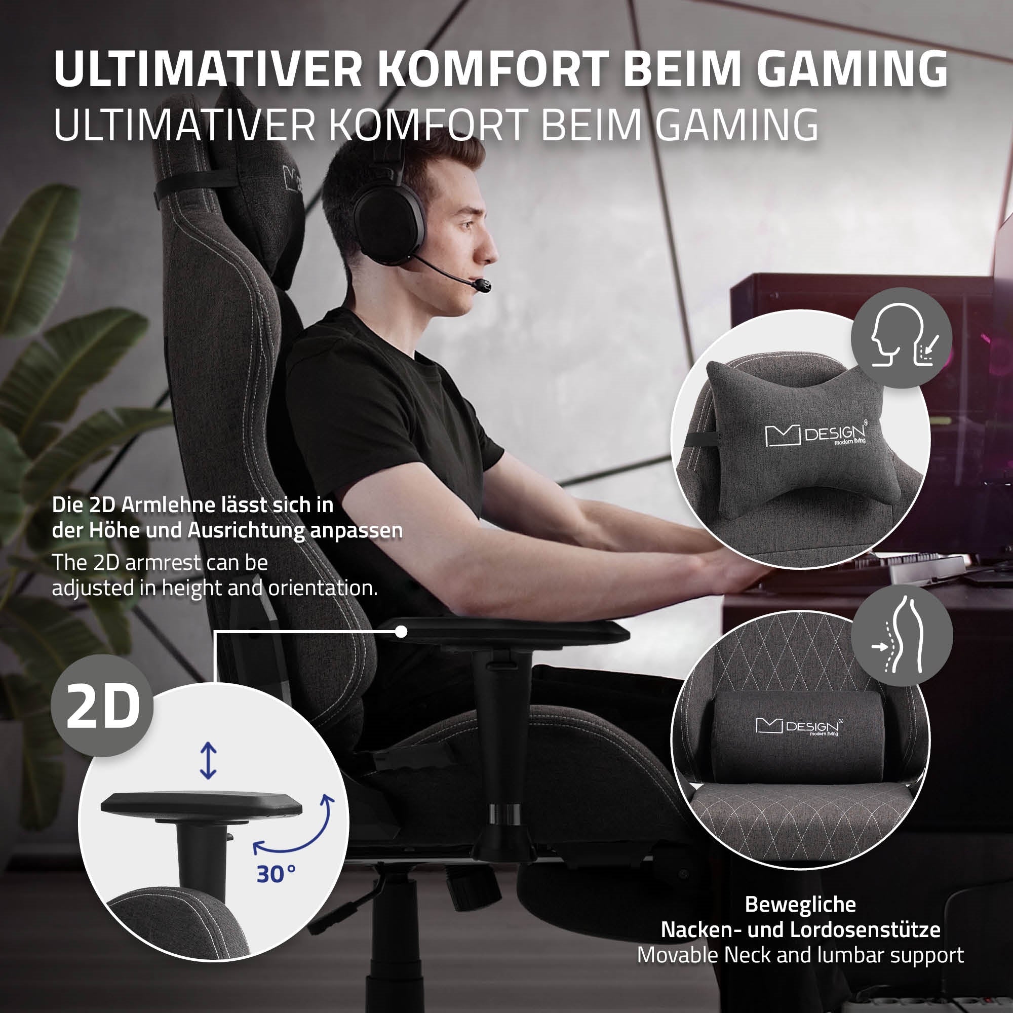Grafik mit Informationen zu den verstellbaren Armlehnen eines Gaming-Stuhls.