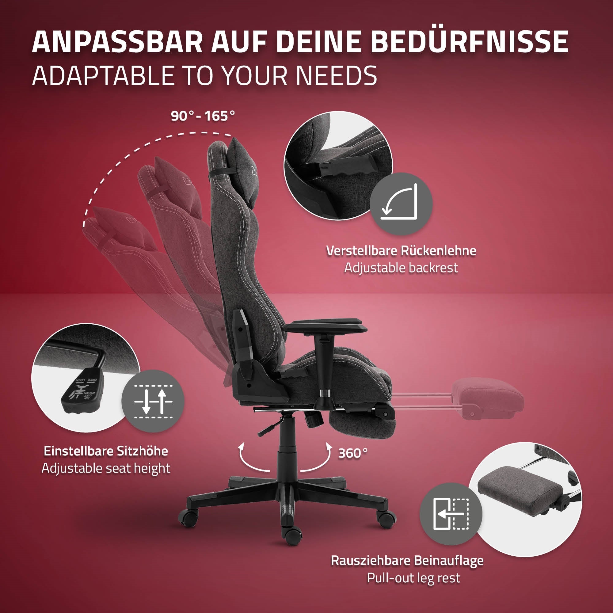Gaming-Stuhl mit anpassbarer Rückenlehne und ausziehbarer Beinauflage.