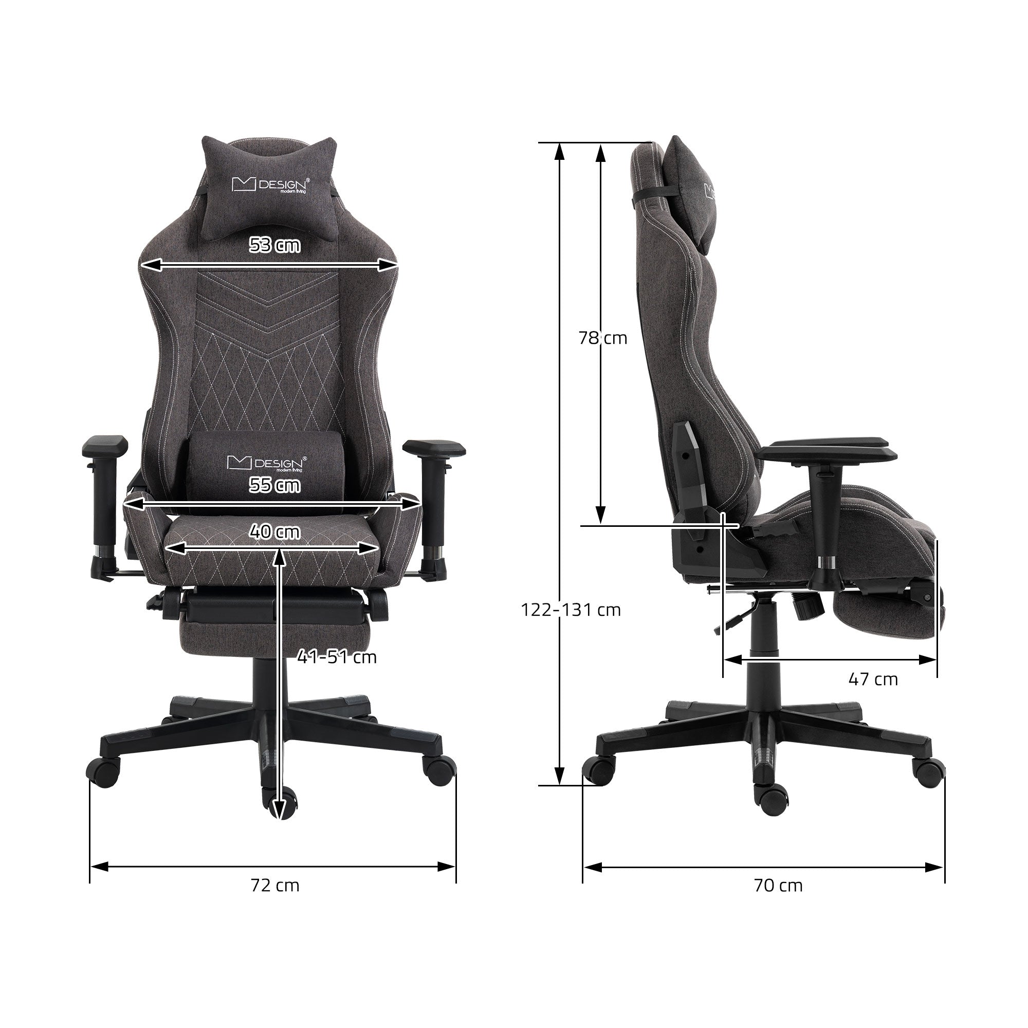 Technische Zeichnung eines Gaming-Stuhls mit Maßen und Details.