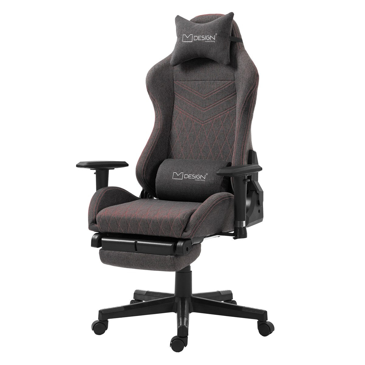Grauer Gaming-Stuhl mit Kopfstütze und Armlehnen.