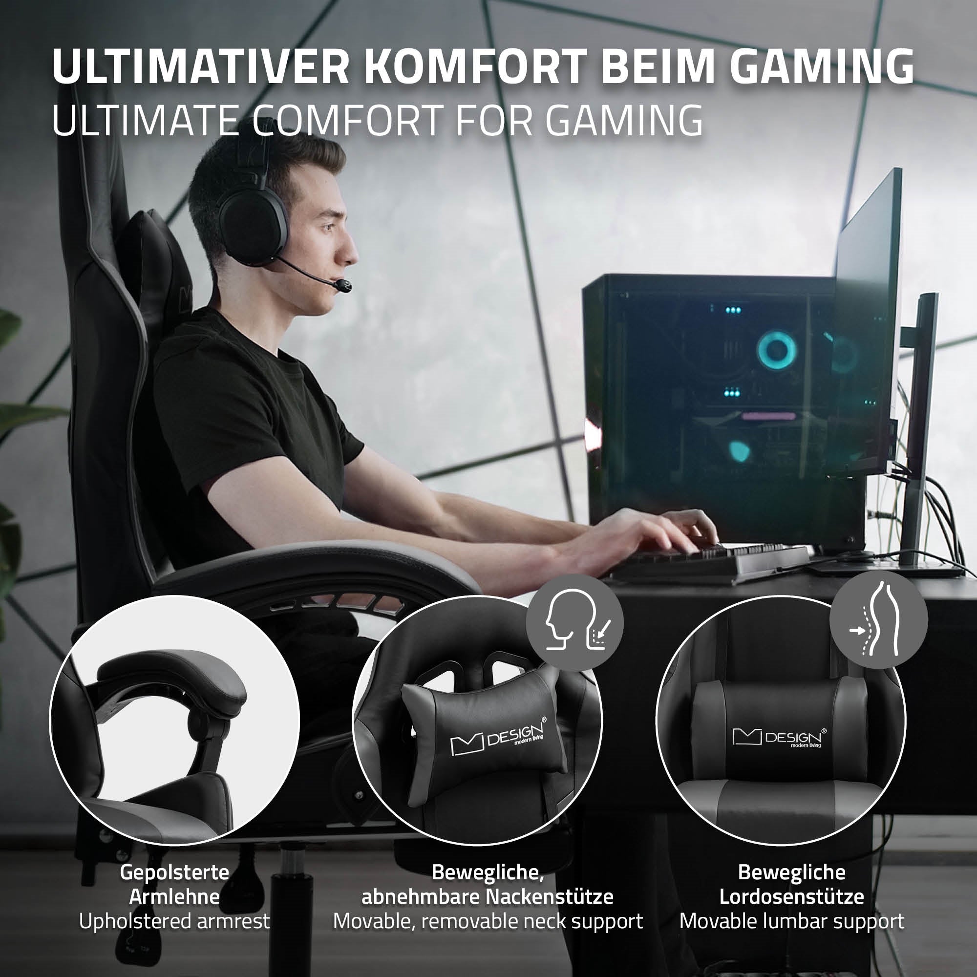 Mies kuulokkeet päässä istuu työpöydän ääressä PC:n edessä, pelituoli keskiössä.