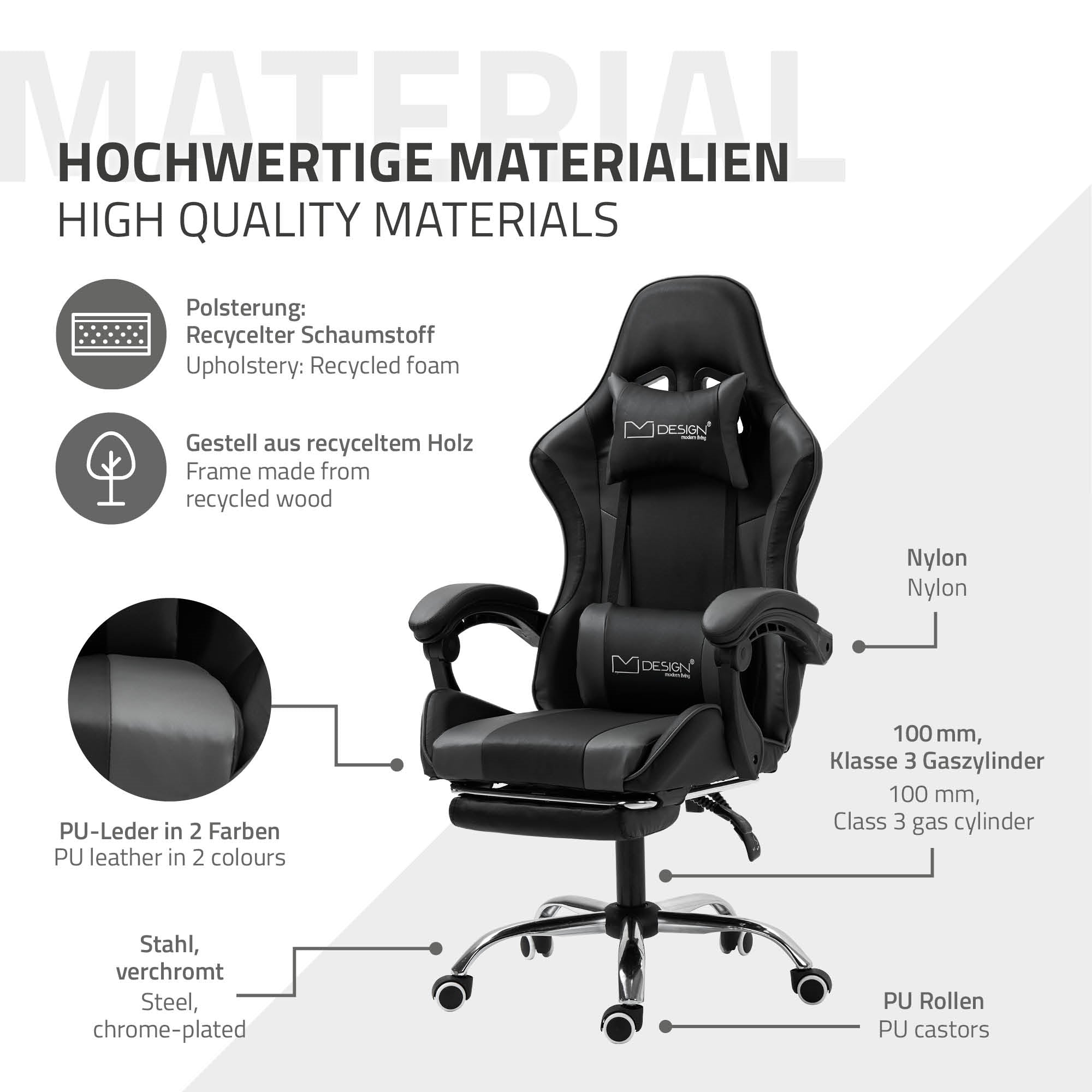 Grafika s informacemi o materiálech herní židle v černé barvě.