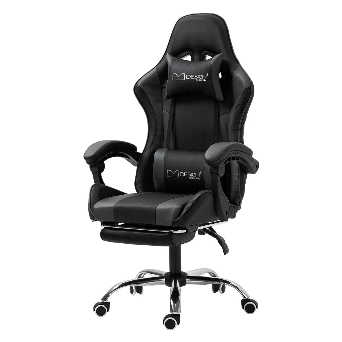 Chaise gaming noire avec soutien pour la tête et la nuque, sur un pied pivotant.