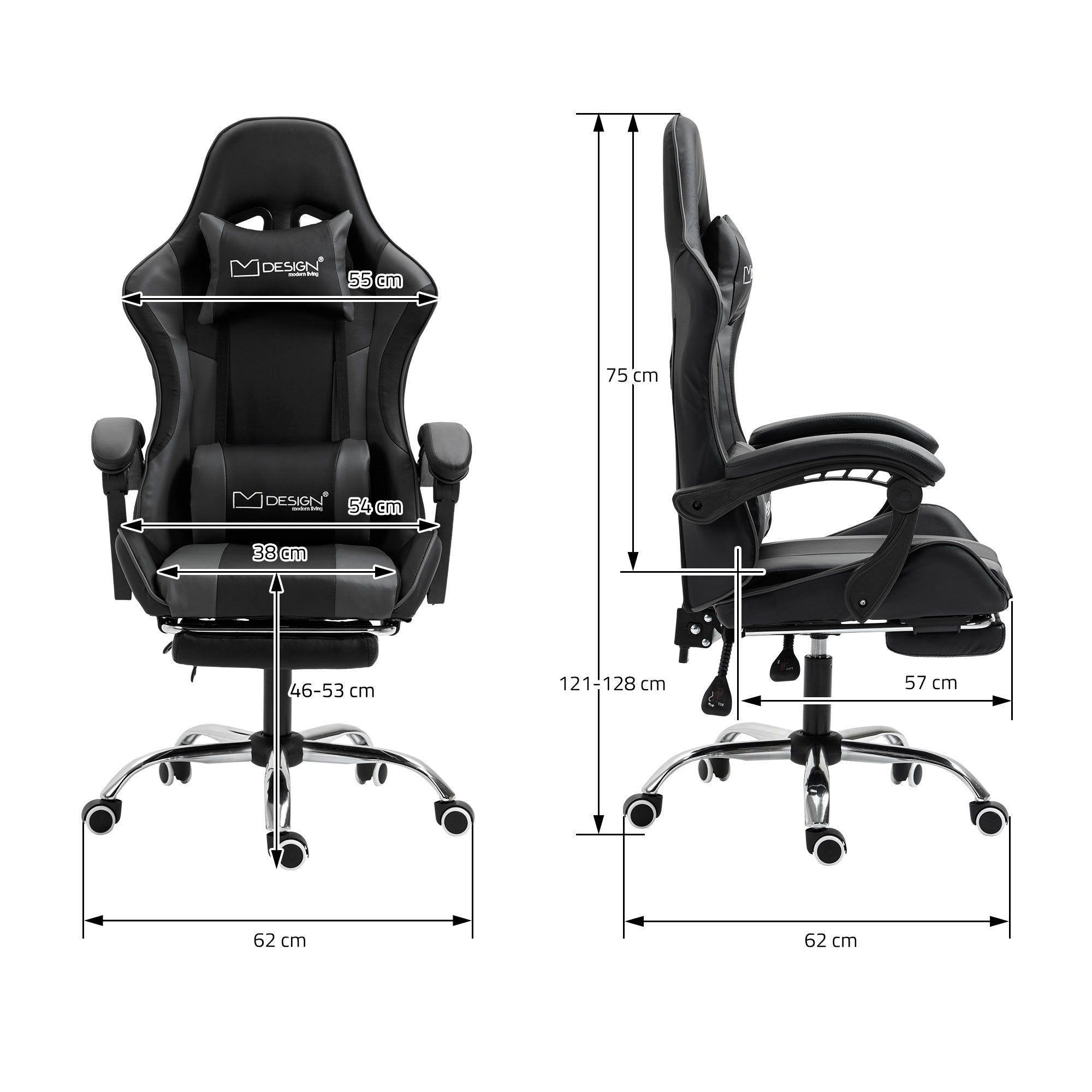 Technische Zeichnung eines Gaming-Stuhls mit Maßen und Details.
