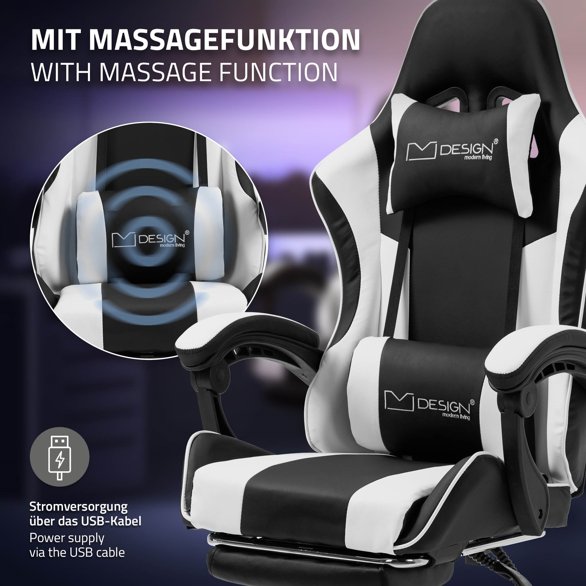 Gamer szék masszázsfunkcióval, látható USB-csatlakozóval.