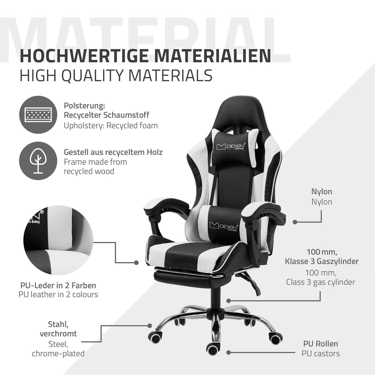 Grafik mit Informationen zu Materialien eines Gaming-Stuhls.