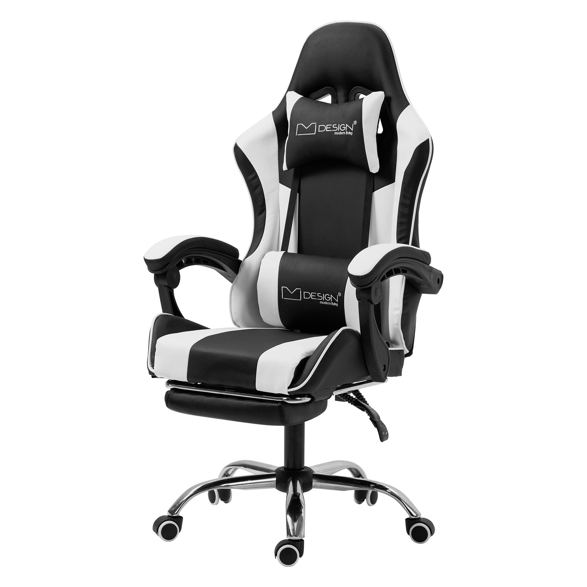 Schwarzer und weißer Gaming-Stuhl auf einem weißen Hintergrund.