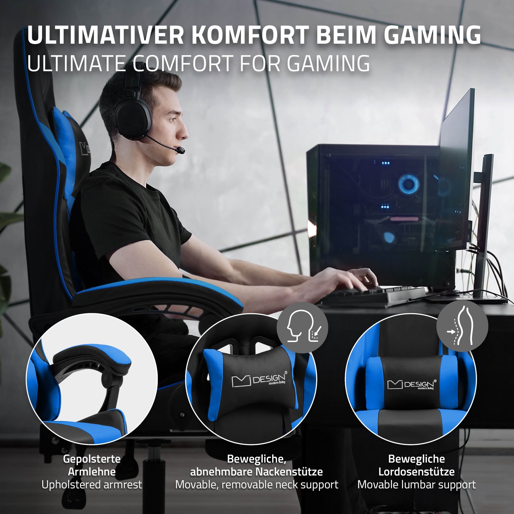 Egy férfi ül egy íróasztalnál gamer székkel és számítógéppel.