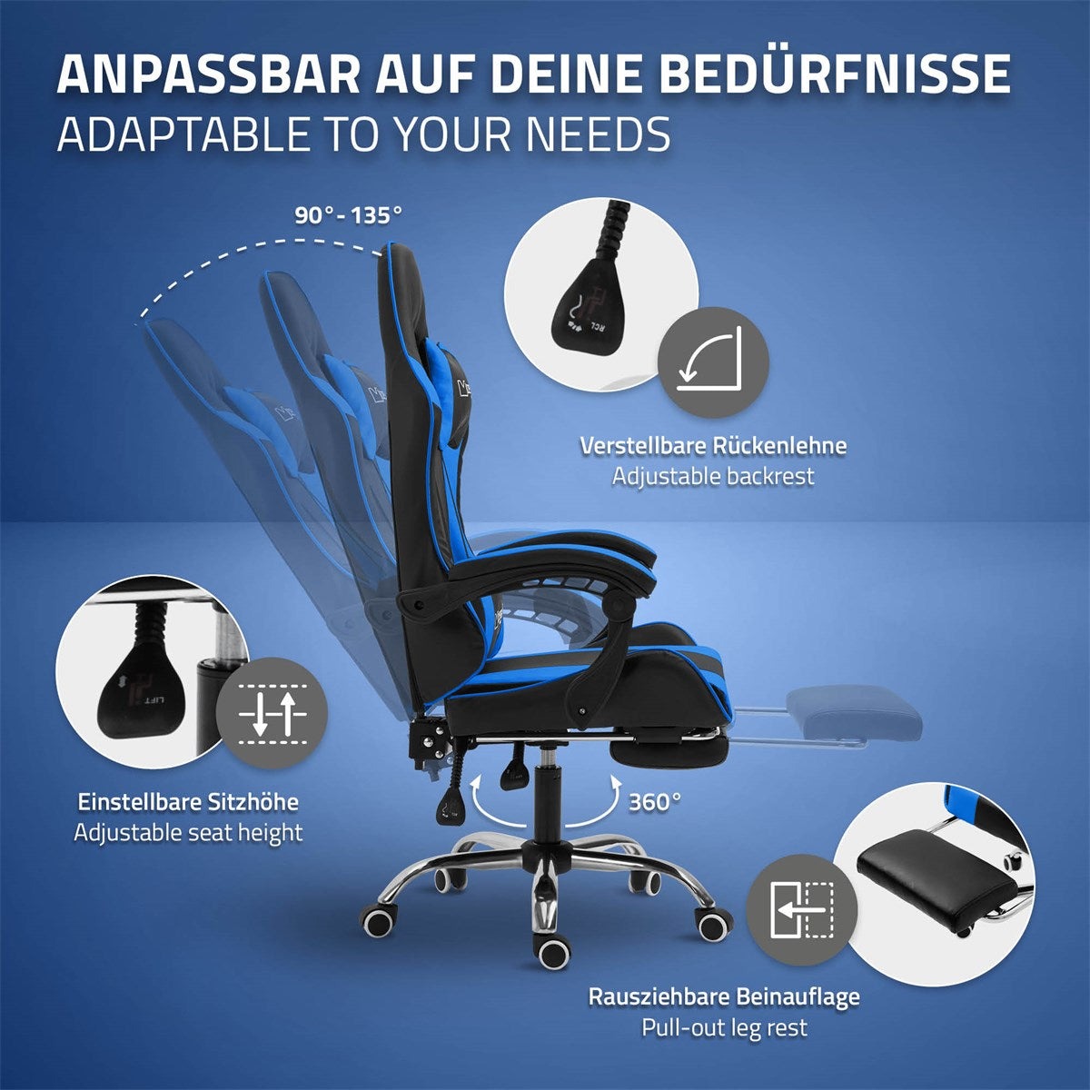 Grafik eines blauen Gaming-Stuhls mit verstellbaren Funktionen und Beinauflage.