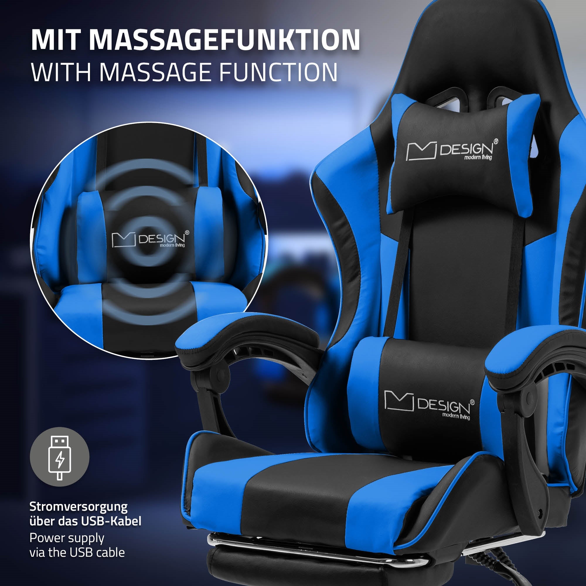 Kék gamer szék masszázs funkcióval, USB táplálással és párnával.