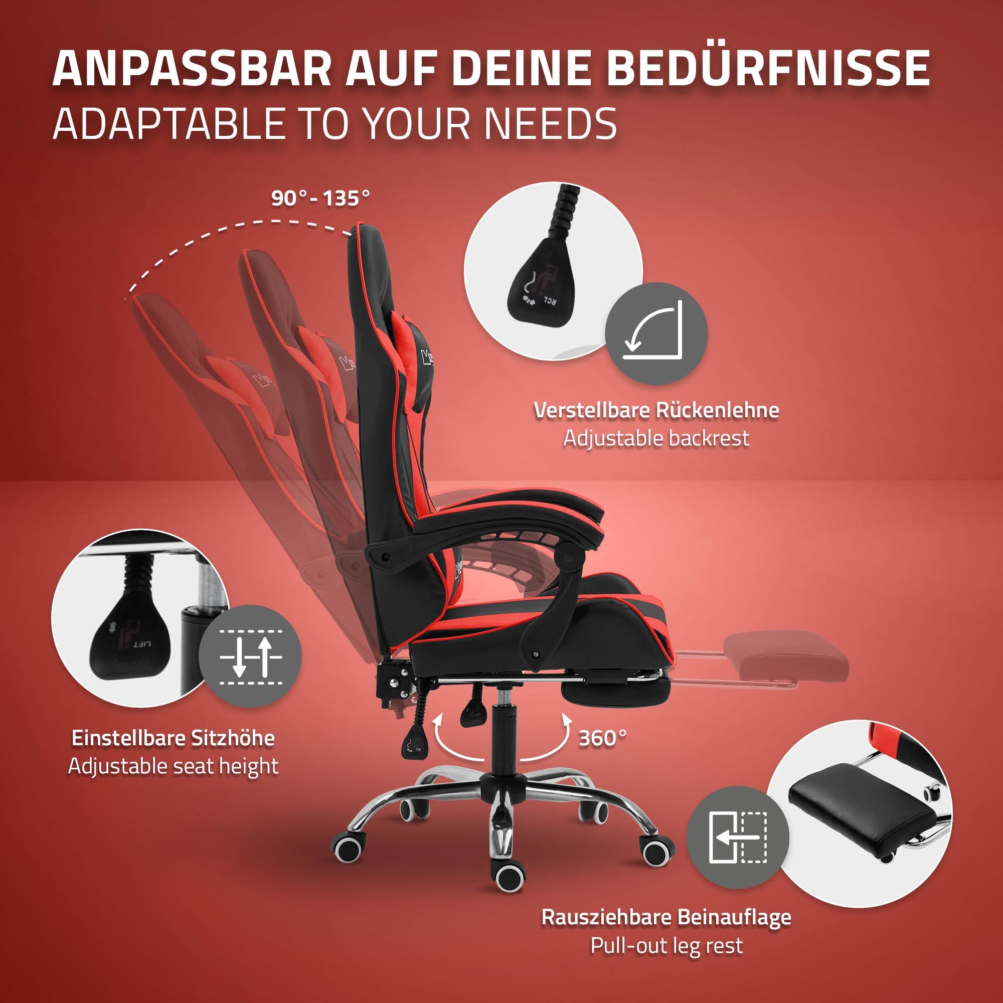 Graphic with chair functions: adjustable backrest, seat height, and leg support.