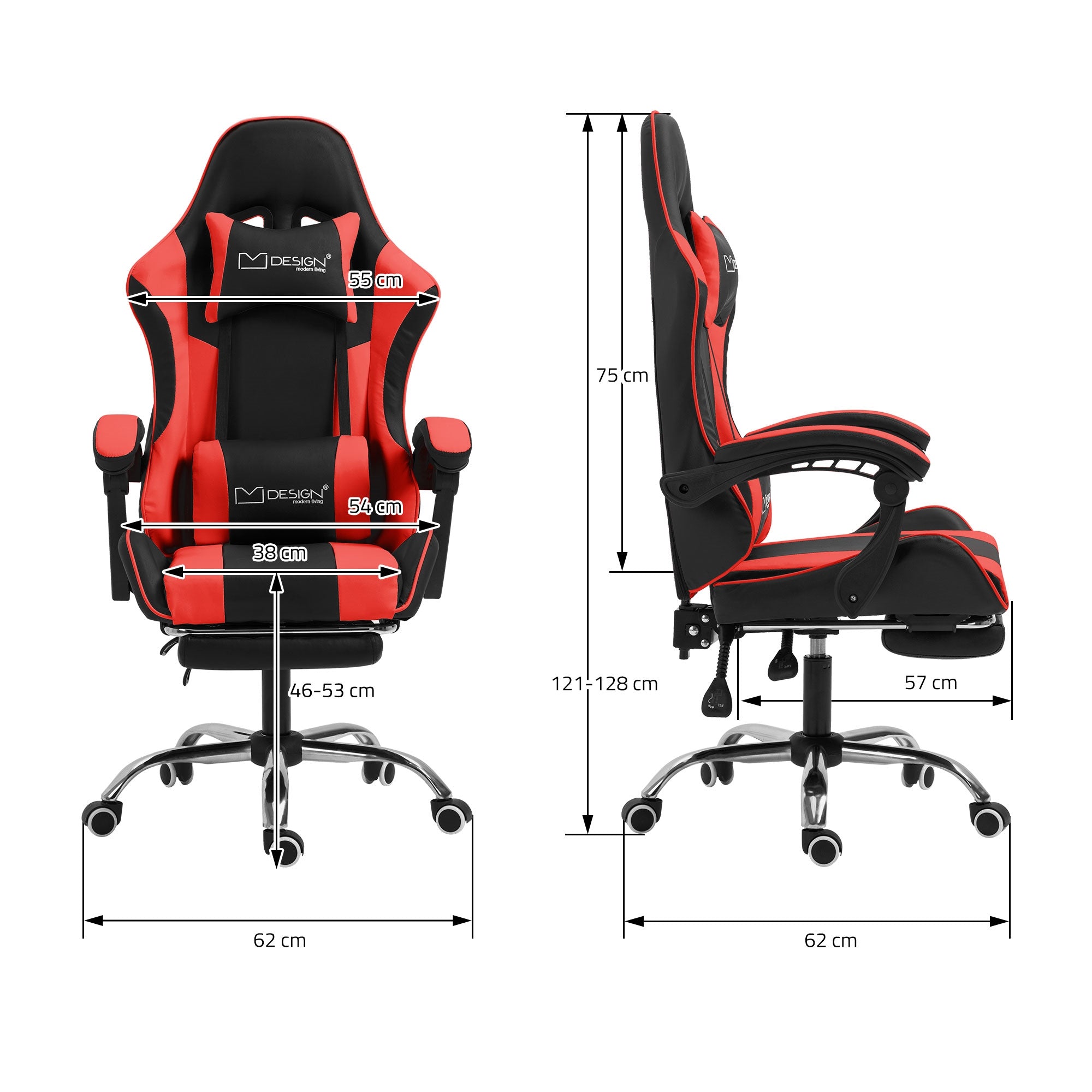 Red-black gaming chair with measurements for height and width.