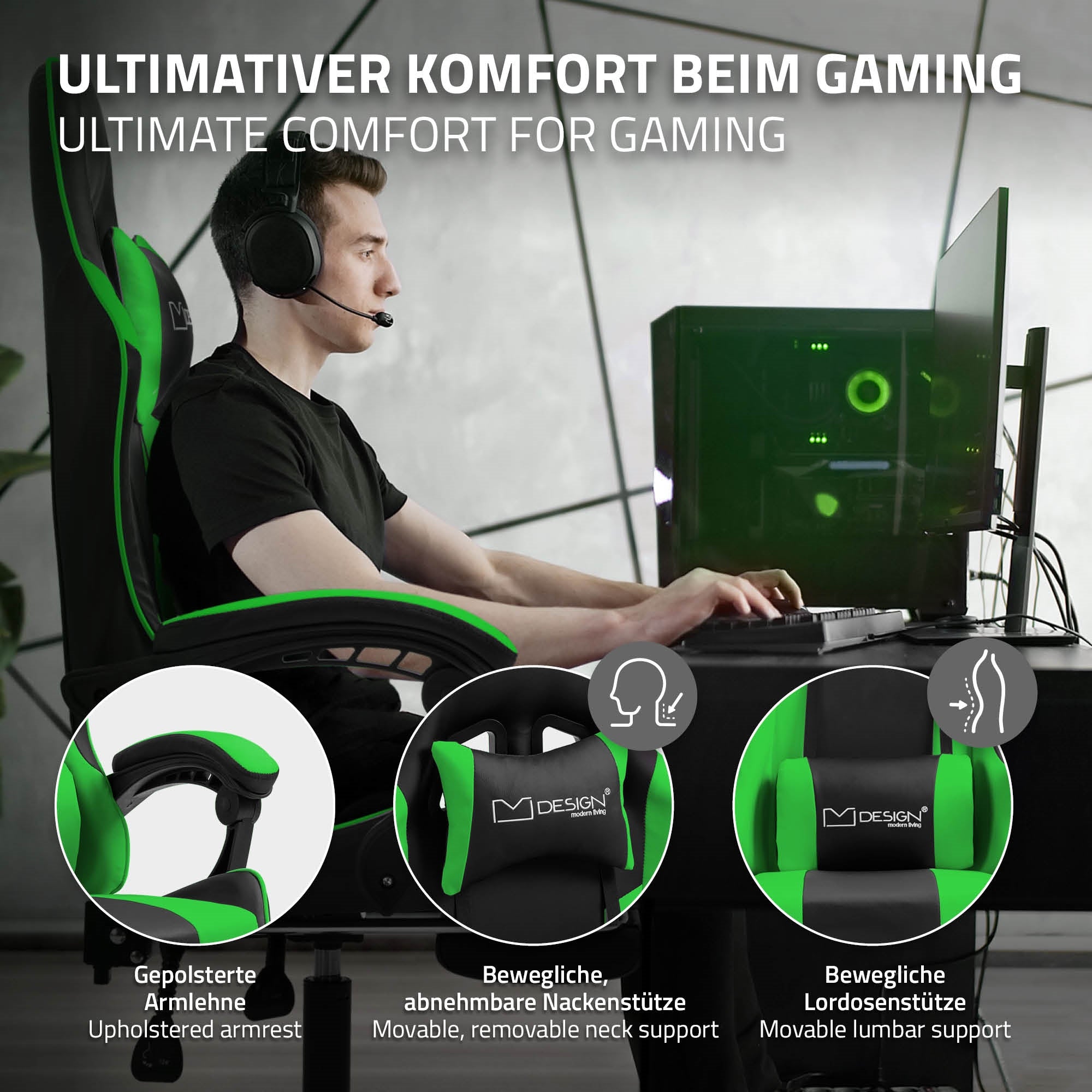 Un homme dans une chaise de gaming avec accoudoirs réglables et support lombaire.
