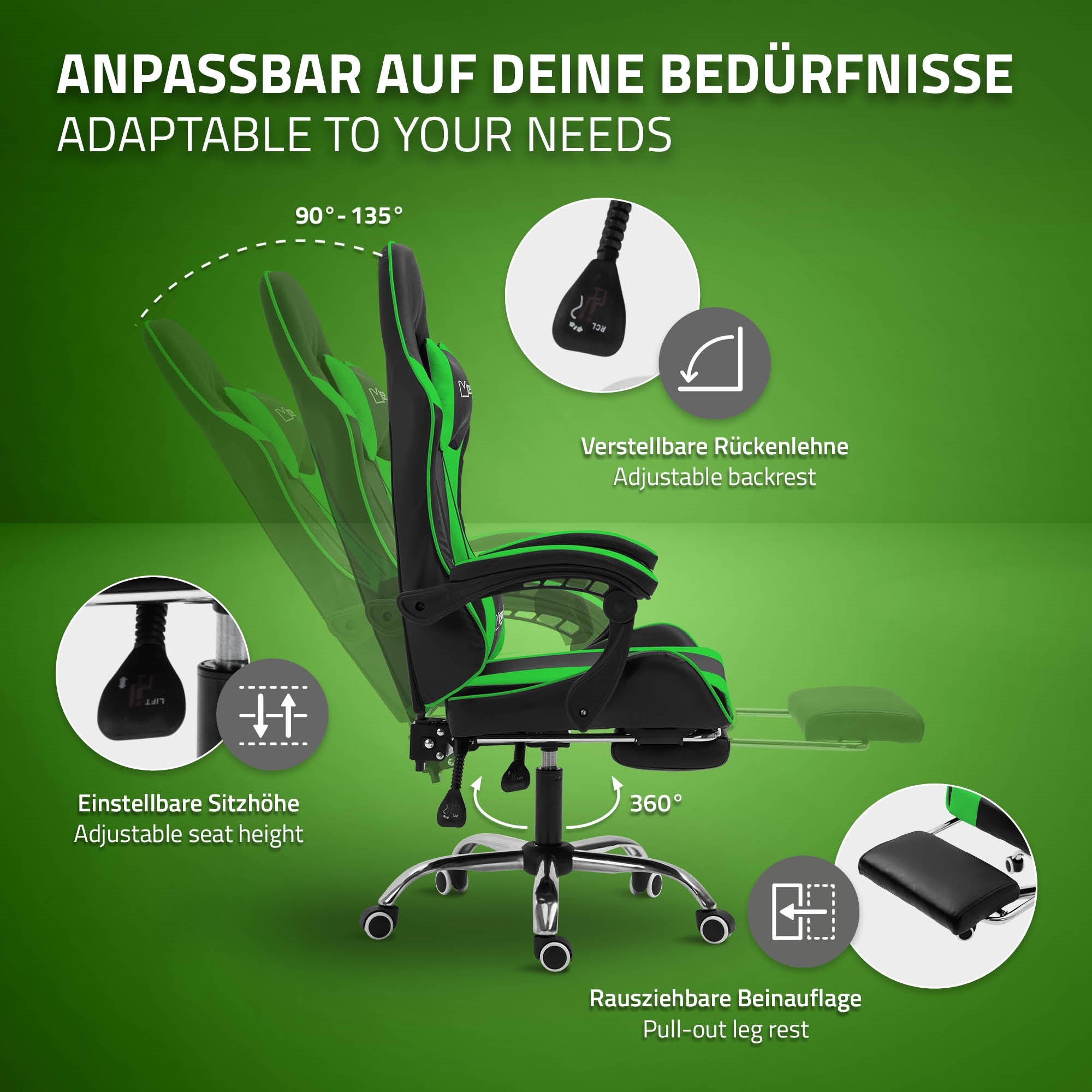 Graphique avec des options d'ajustement d'une chaise, comme la hauteur d'assise et le dossier.