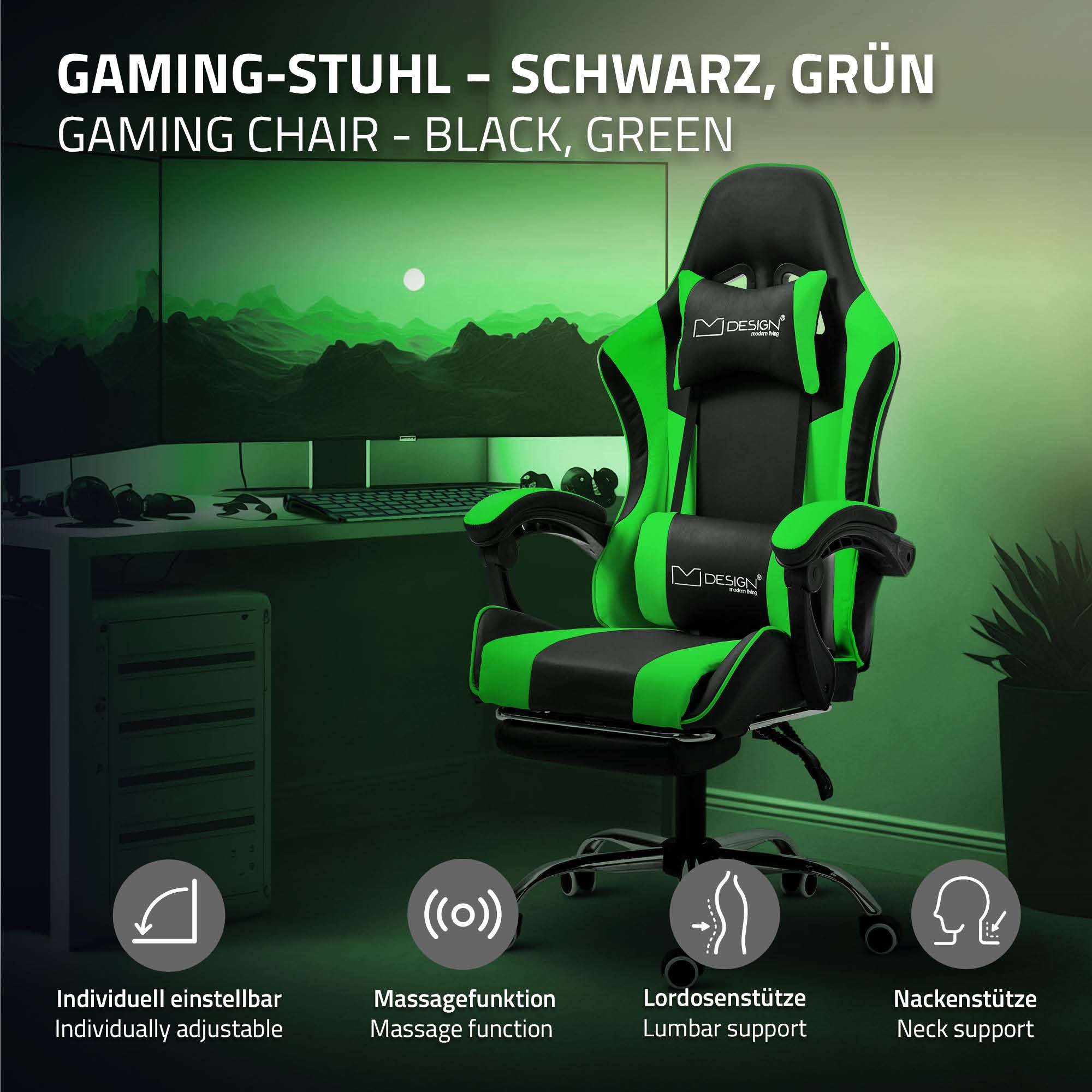 Chaise de gaming noire et verte devant un écran d'ordinateur dans une pièce sombre.