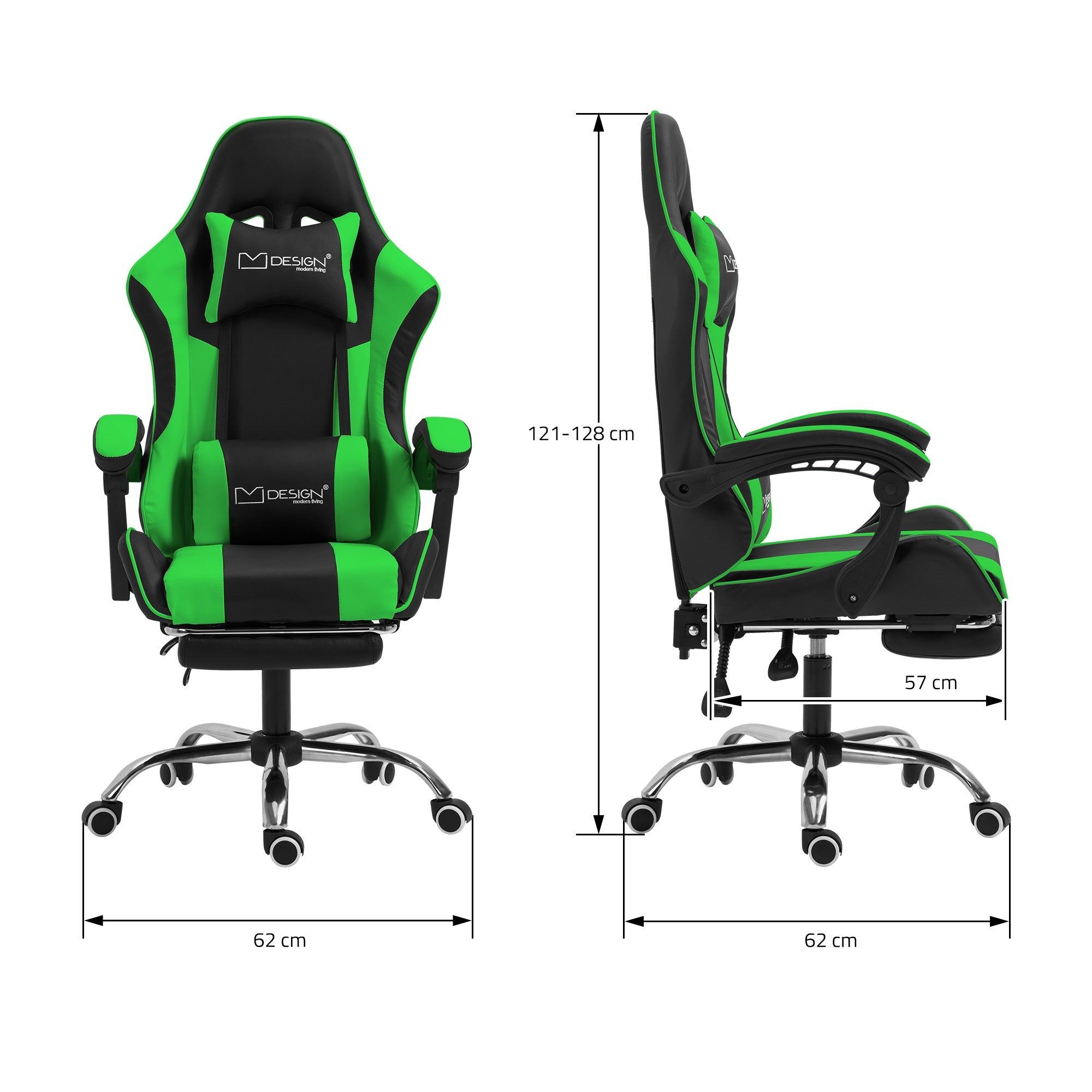 Chaise de bureau noire avec des accents verts, vue de côté, dimensions indiquées.