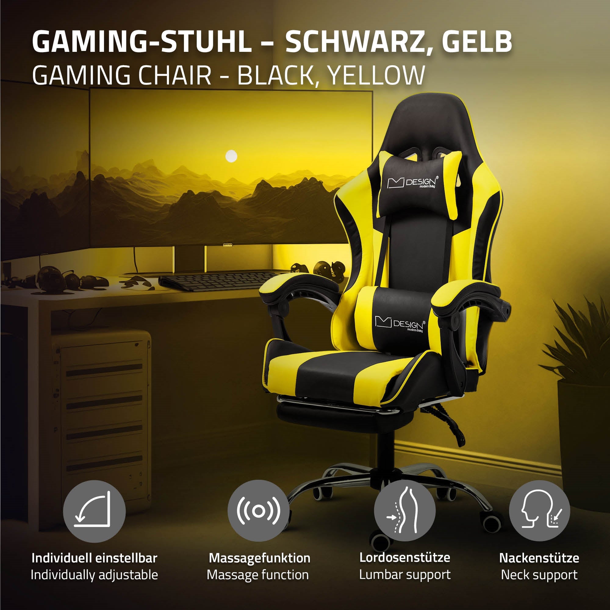 Schwarzer und gelber Gaming-Stuhl mit Massagefunktion und verstellbaren Teilen.