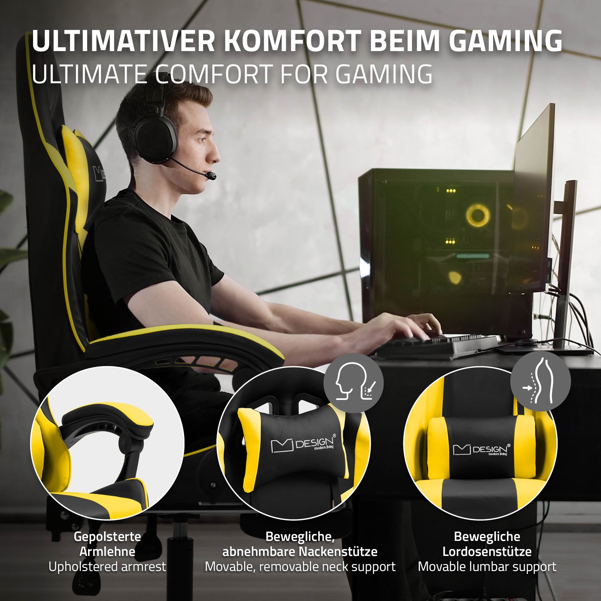Mann mit Headset sitzt an einem PC, umgeben von Gaming-Stuhl und Computer.