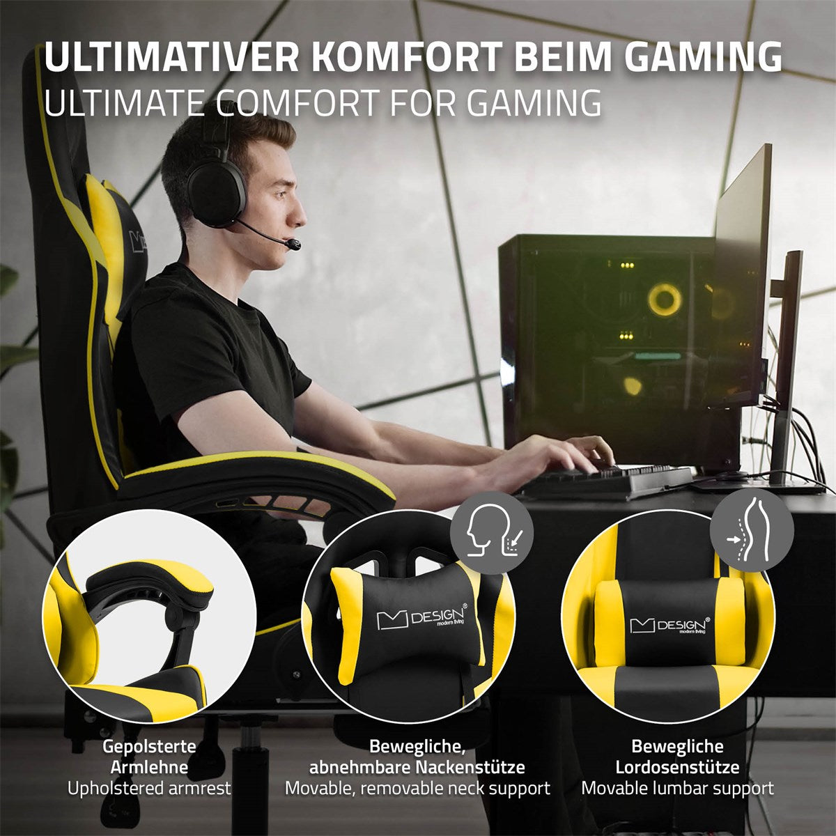 Man med headset sitter vid en dator, omgiven av en gamingstol och en dator.