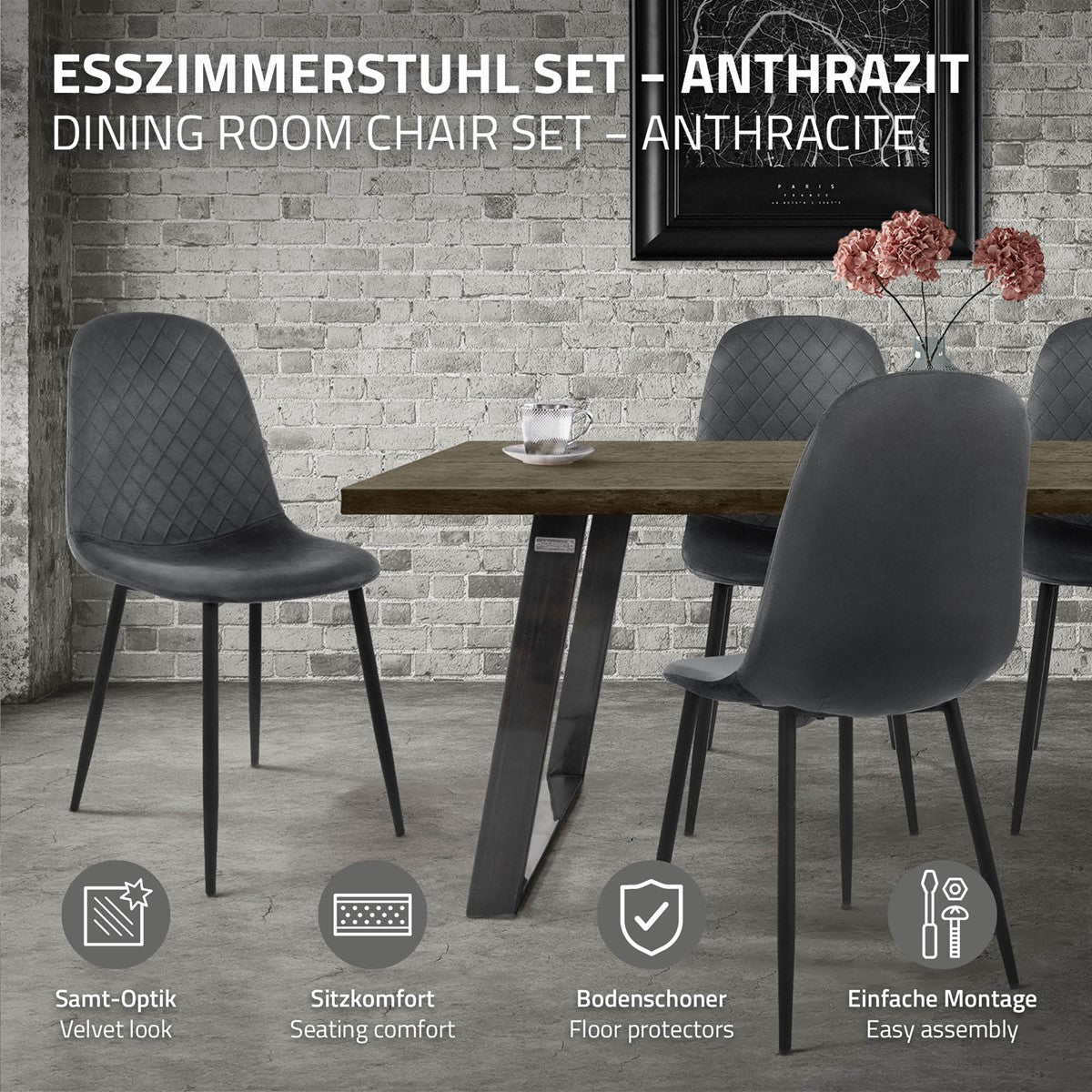 Ensemble de chaises de salle à manger anthracite devant une table dans une pièce moderne.