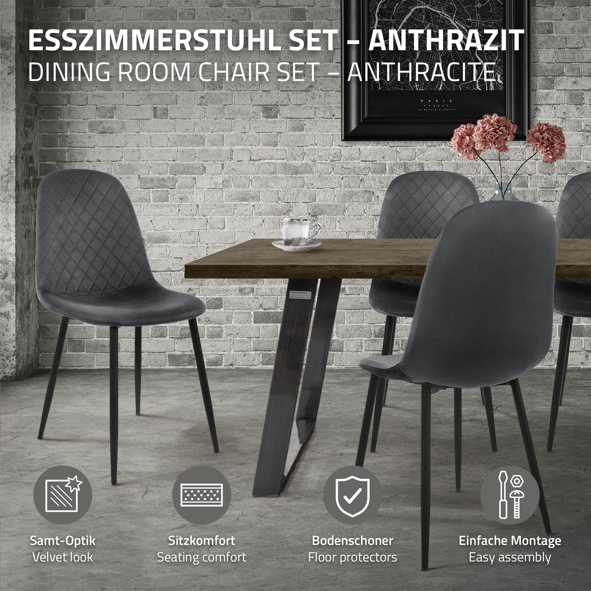 Étkezőszék szett antracit színben egy asztal előtt egy modern térben.