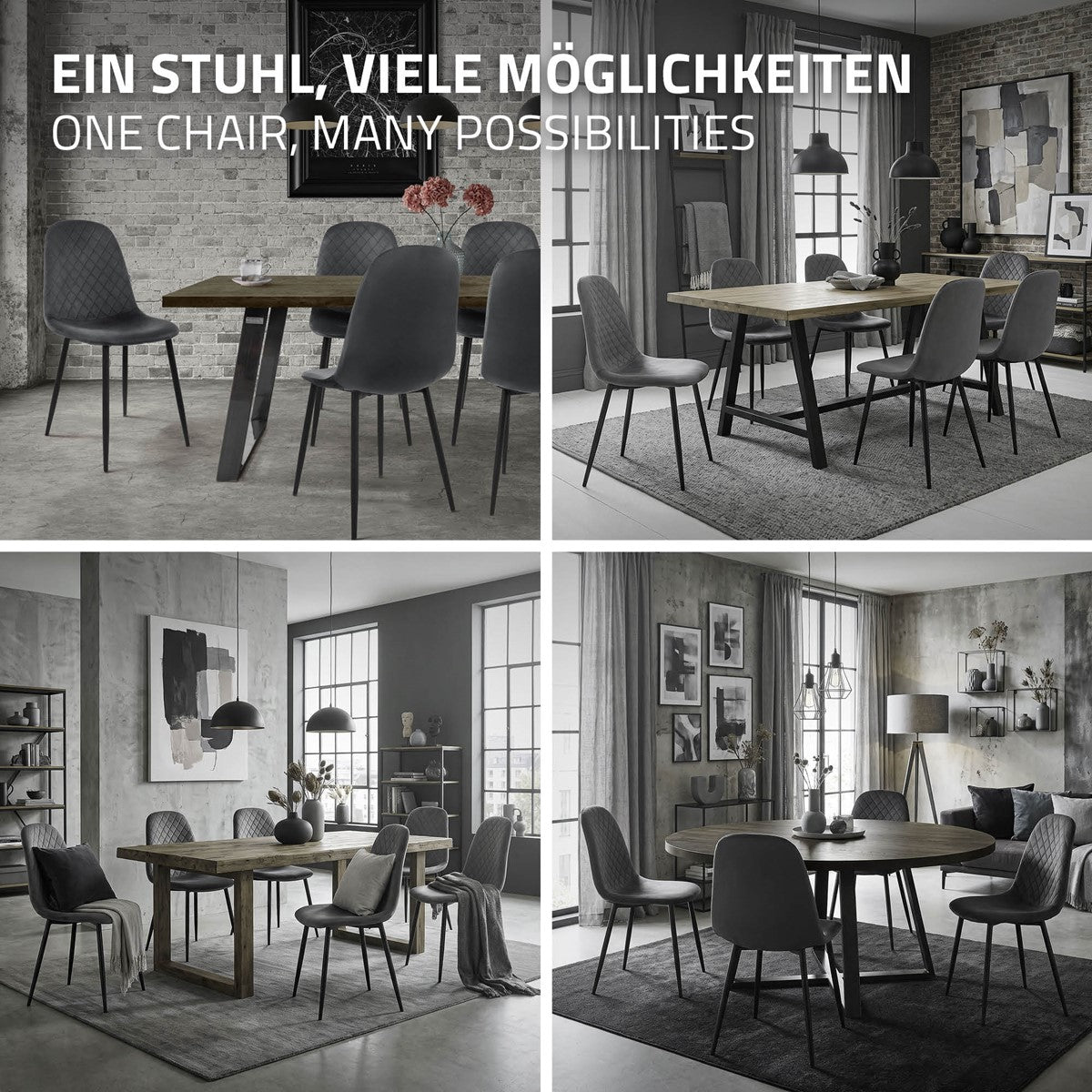Quatre chaises disposées de différentes façons autour d’une table.