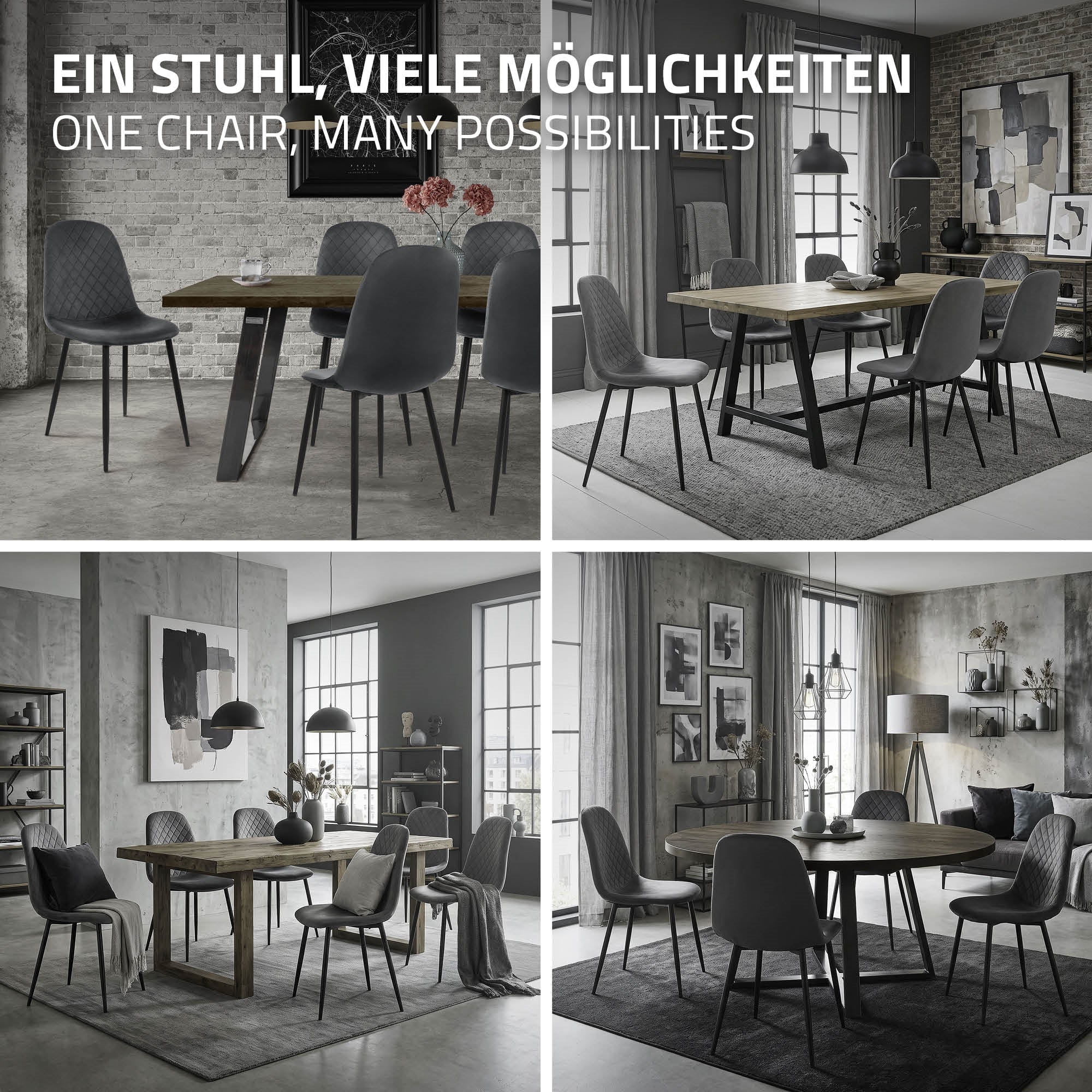 Fire stole i forskellige arrangementer omkring et bord.