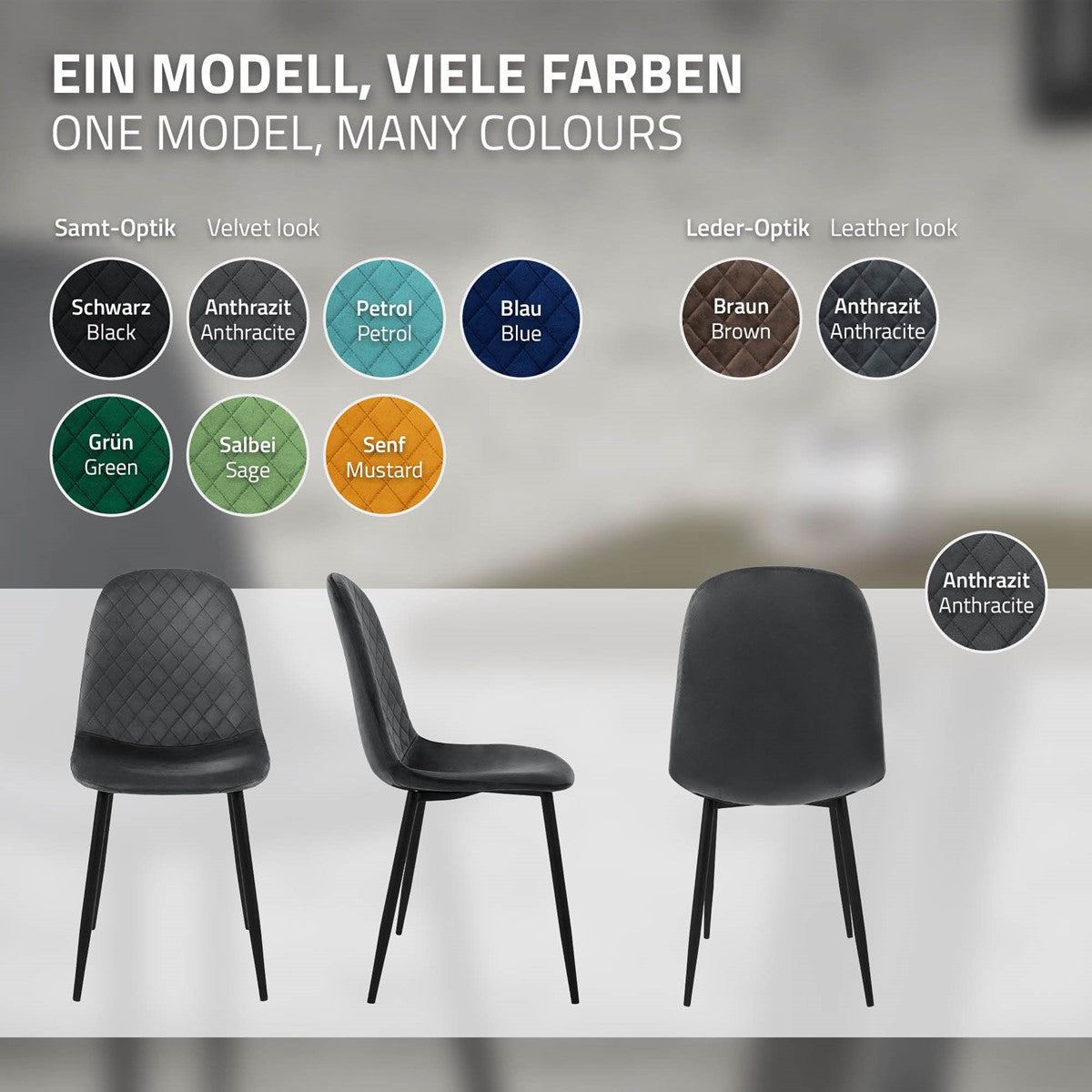 Une chaise en différentes couleurs, notamment anthracite, bleu et vert.